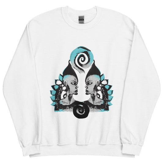 White K.L.O.E. sweatshirt with a culturally inspired, hand-drawn design of two mirrored faces in bold black and teal, celebrating self-expression and individuality in modern bohemian style clothing.