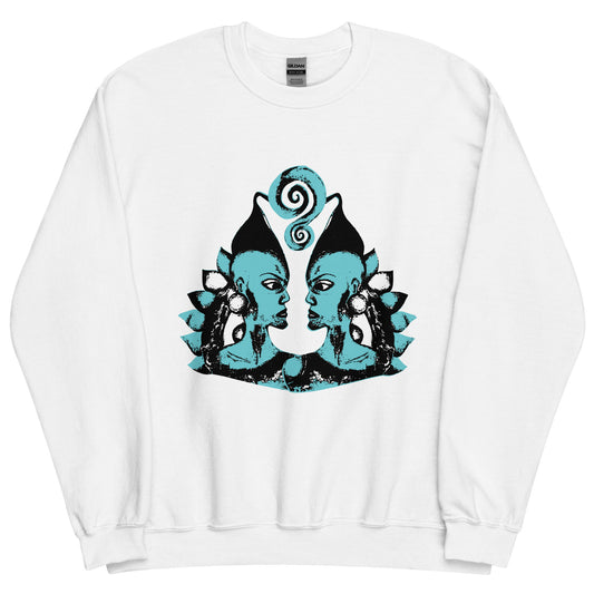 White K.L.O.E. sweatshirt featuring a hand-drawn design of two mirrored faces in bold black and teal, showcasing cultural inspiration, individuality, and modern bohemian style self-expression.