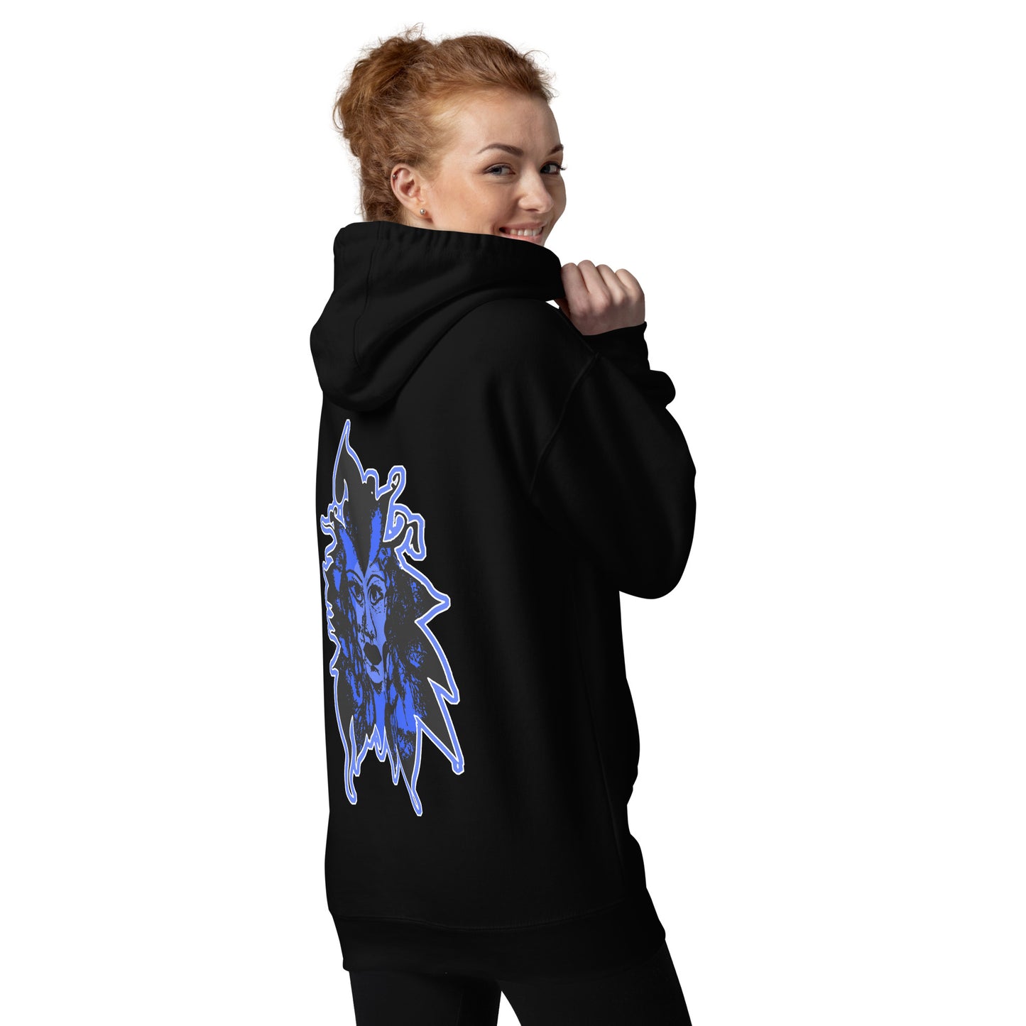 Black unisex K.L.O.E hoodie featuring a bold, hand-drawn blue graphic of an expressive face on the back, inspired by global artistry and modern boho style. The front showcases ‘KEEN, LIBERATED, ORIGINAL, ENDLESS’ text, celebrating individuality and self-expression. A contemporary fashion statement for those embracing artistic clothing and culturally inspired style, on a model.