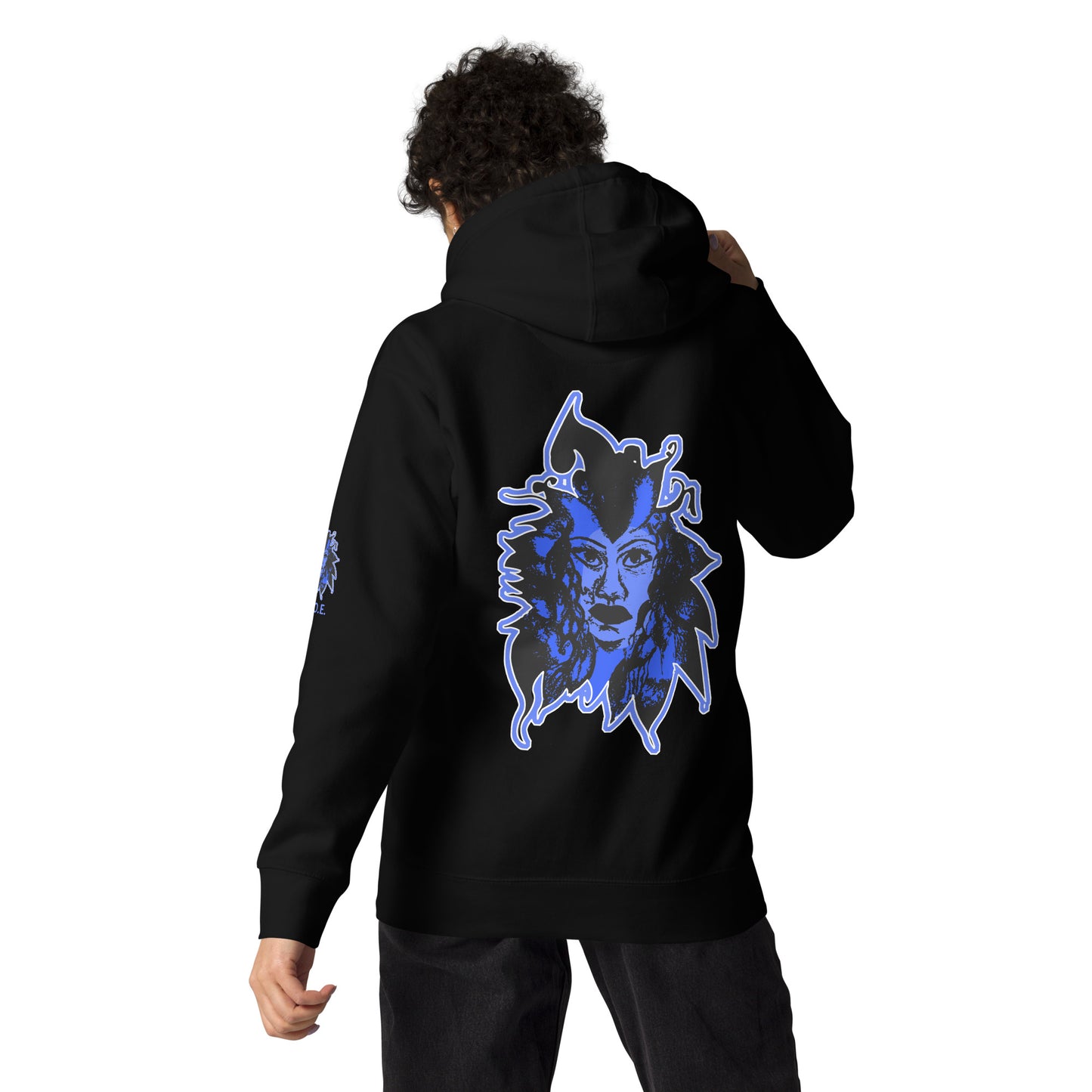 Black unisex K.L.O.E hoodie featuring a bold, hand-drawn blue graphic of an expressive face on the back, inspired by global artistry and modern boho style. The front showcases ‘KEEN, LIBERATED, ORIGINAL, ENDLESS’ text, celebrating individuality and self-expression. A contemporary fashion statement for those embracing artistic clothing and culturally inspired style, on a model.