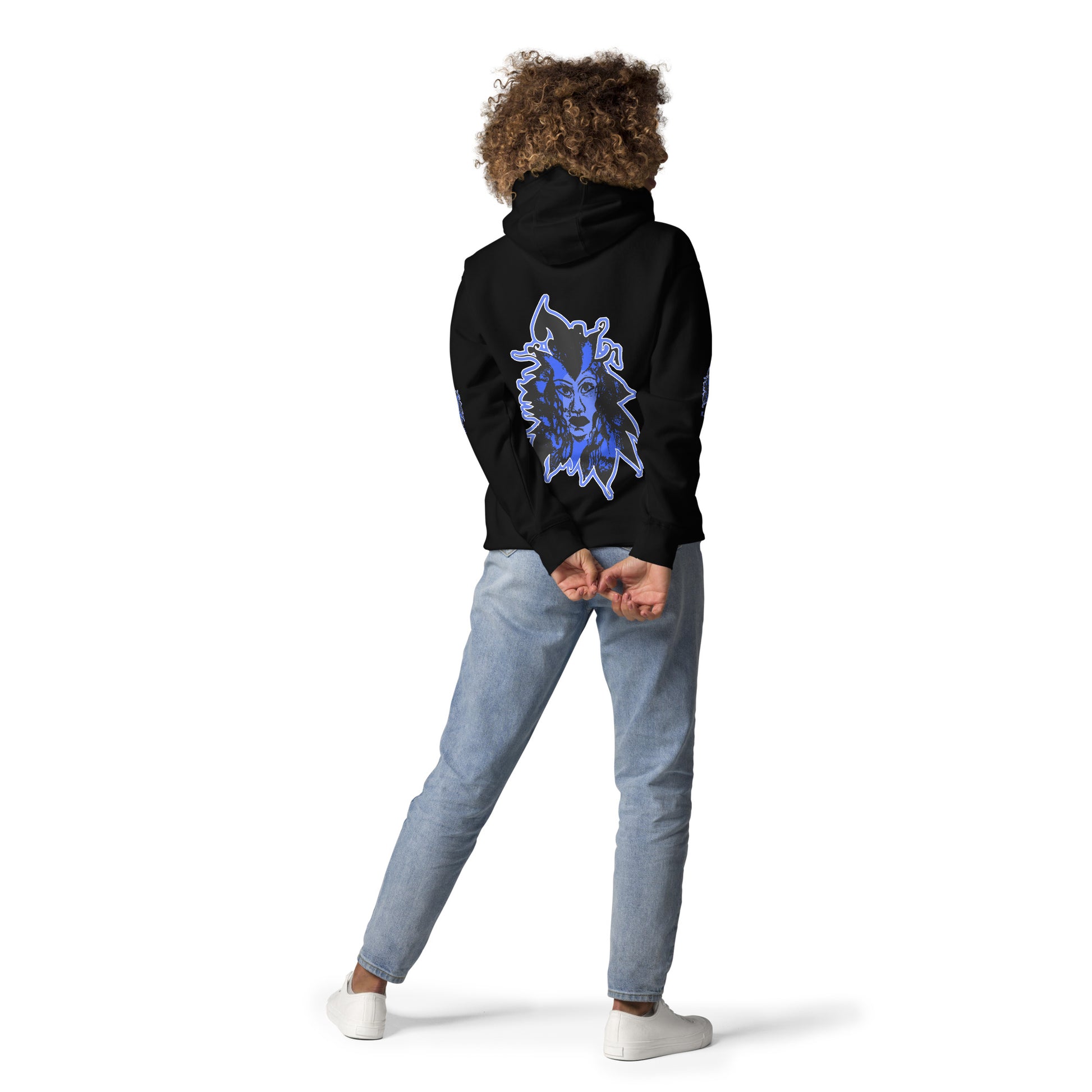 Black unisex K.L.O.E hoodie featuring a bold, hand-drawn blue graphic of an expressive face on the back, inspired by global artistry and modern boho style. The front showcases ‘KEEN, LIBERATED, ORIGINAL, ENDLESS’ text, celebrating individuality and self-expression. A contemporary fashion statement for those embracing artistic clothing and culturally inspired style, on a model.