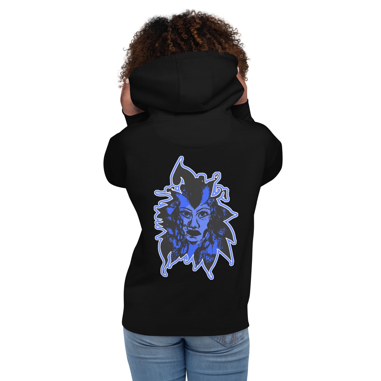 Black unisex K.L.O.E hoodie featuring a bold, hand-drawn blue graphic of an expressive face on the back, inspired by global artistry and modern boho style. The front showcases ‘KEEN, LIBERATED, ORIGINAL, ENDLESS’ text, celebrating individuality and self-expression. A contemporary fashion statement for those embracing artistic clothing and culturally inspired style, on a model.