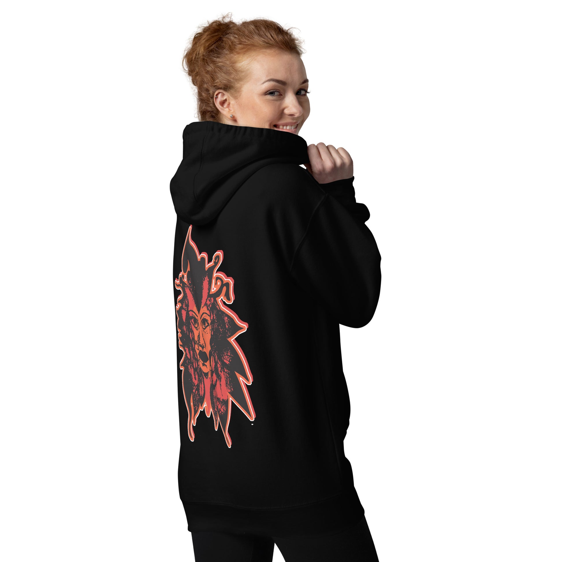 Black unisex hoodie featuring a striking red, hand-drawn face graphic on the back and front, inspired by global artistry and expressive fashion. The sleeve showcases ‘KEEN, LIBERATED, ORIGINAL, ENDLESS,’ embodying modern boho style and empowering individuality. A statement piece for those embracing contemporary, culturally inspired fashion.