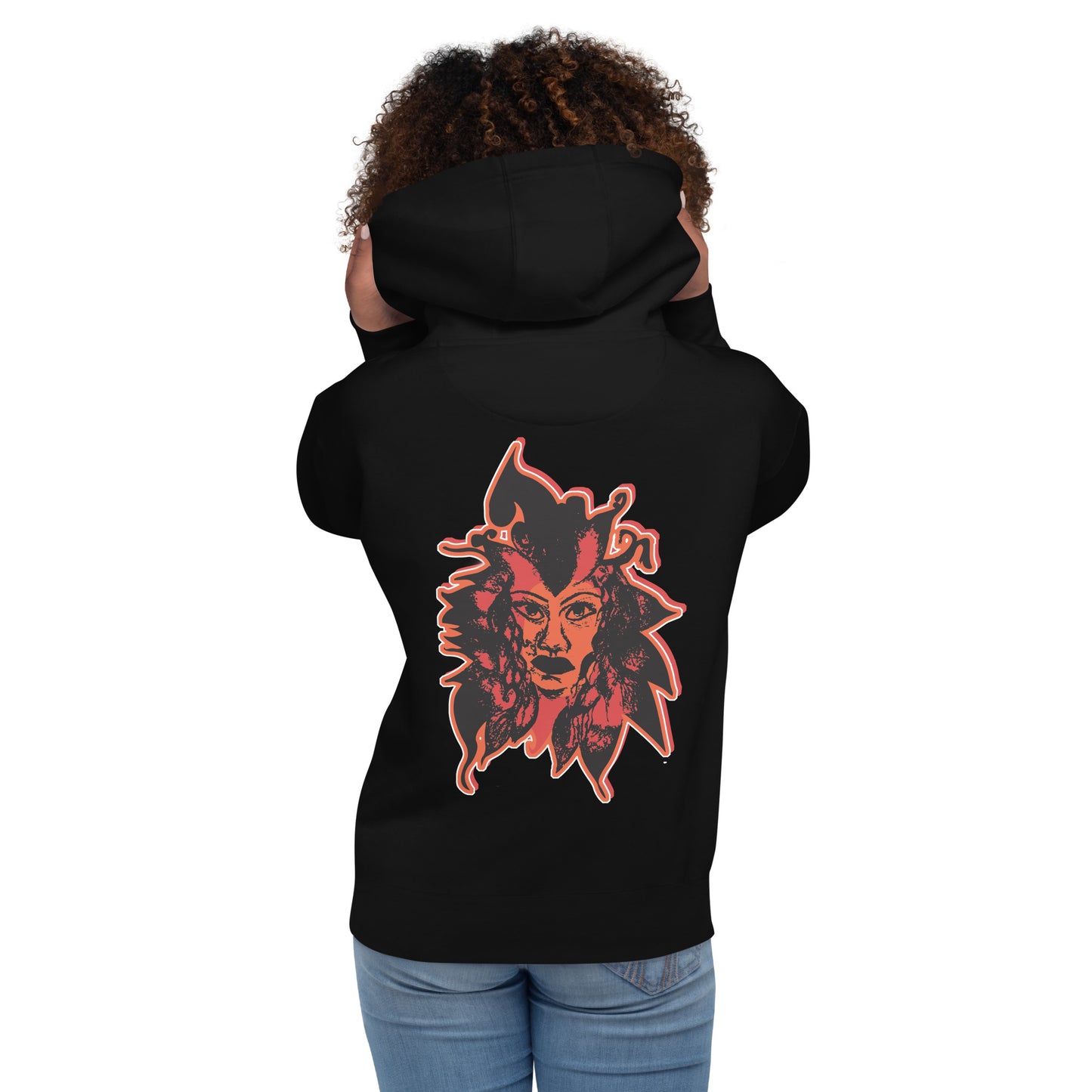 Black unisex hoodie featuring a striking red, hand-drawn face graphic on the back and front, inspired by global artistry and expressive fashion. The sleeve showcases ‘KEEN, LIBERATED, ORIGINAL, ENDLESS,’ embodying modern boho style and empowering individuality. A statement piece for those embracing contemporary, culturally inspired fashion.