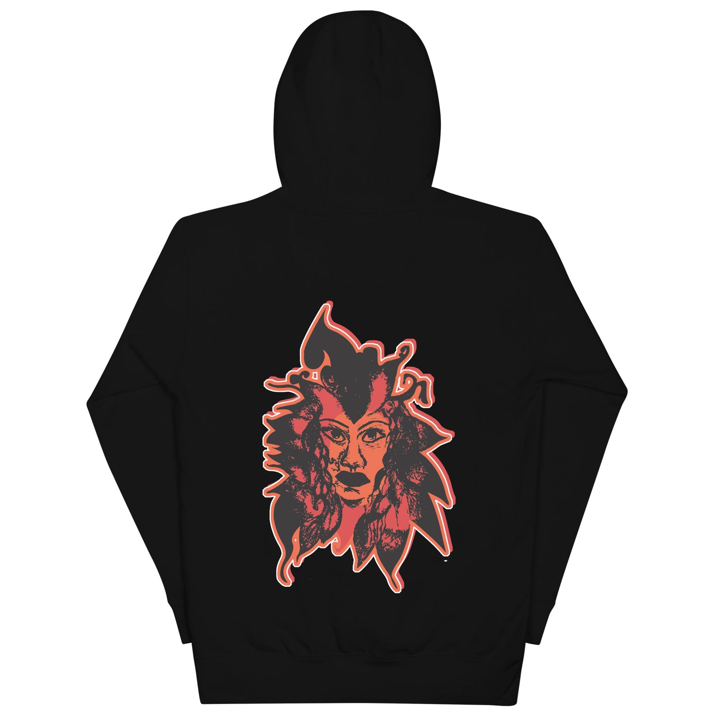 Black unisex hoodie featuring a striking red, hand-drawn face graphic on the back and front, inspired by global artistry and expressive fashion. The sleeve showcases ‘KEEN, LIBERATED, ORIGINAL, ENDLESS,’ embodying modern boho style and empowering individuality. A statement piece for those embracing contemporary, culturally inspired fashion.