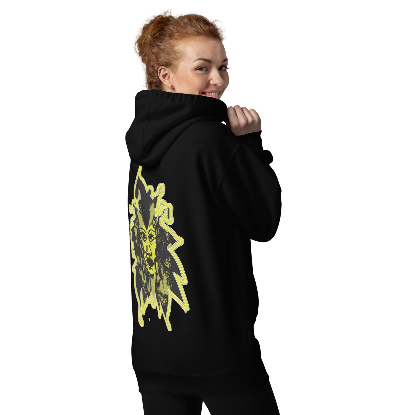 Black unisex hoodie with a bold yellow hand-drawn face graphic on the back, embodying culturally inspired fashion and modern boho style. The front features the K.L.O.E. logo and ‘KEEN, LIBERATED, ORIGINAL, ENDLESS’ text, celebrating individuality and expressive fashion for a contemporary, liberated lifestyle.