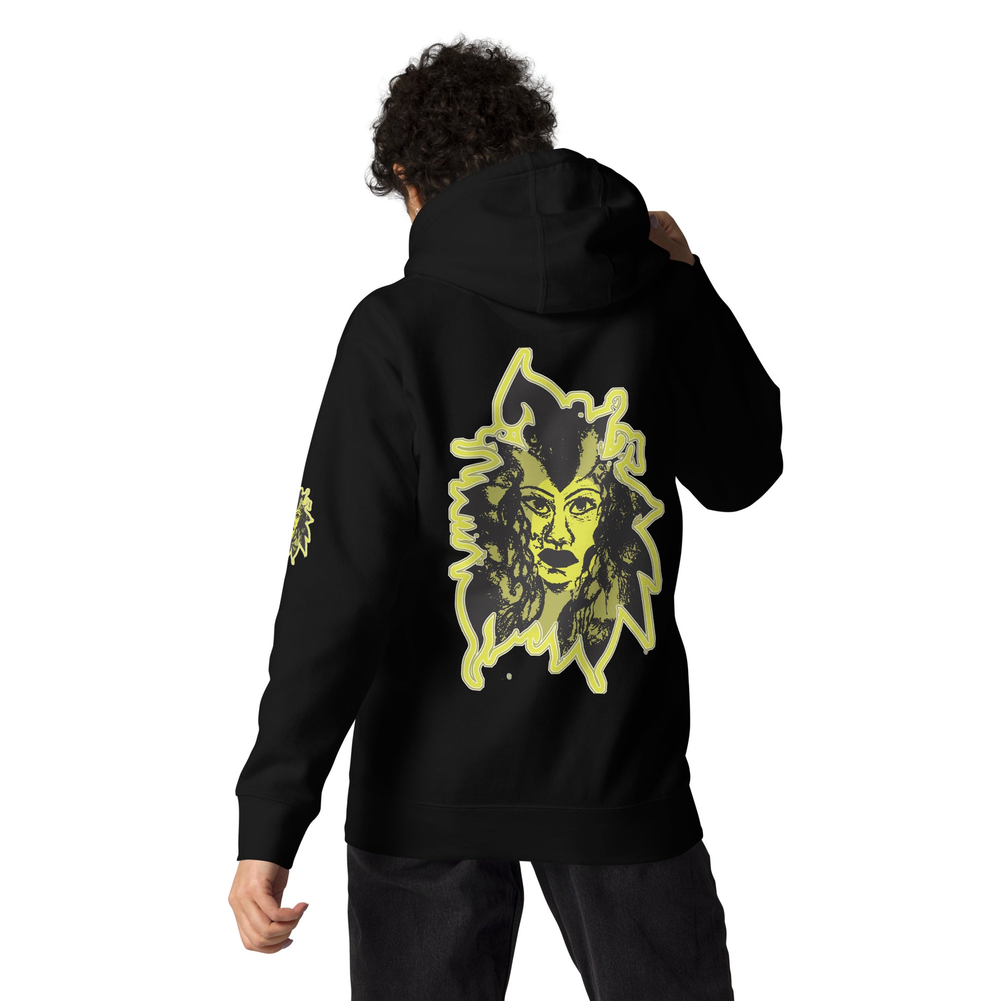 Black unisex hoodie with a bold yellow hand-drawn face graphic on the back, embodying culturally inspired fashion and modern boho style. The front features the K.L.O.E. logo and ‘KEEN, LIBERATED, ORIGINAL, ENDLESS’ text, celebrating individuality and expressive fashion for a contemporary, liberated lifestyle.