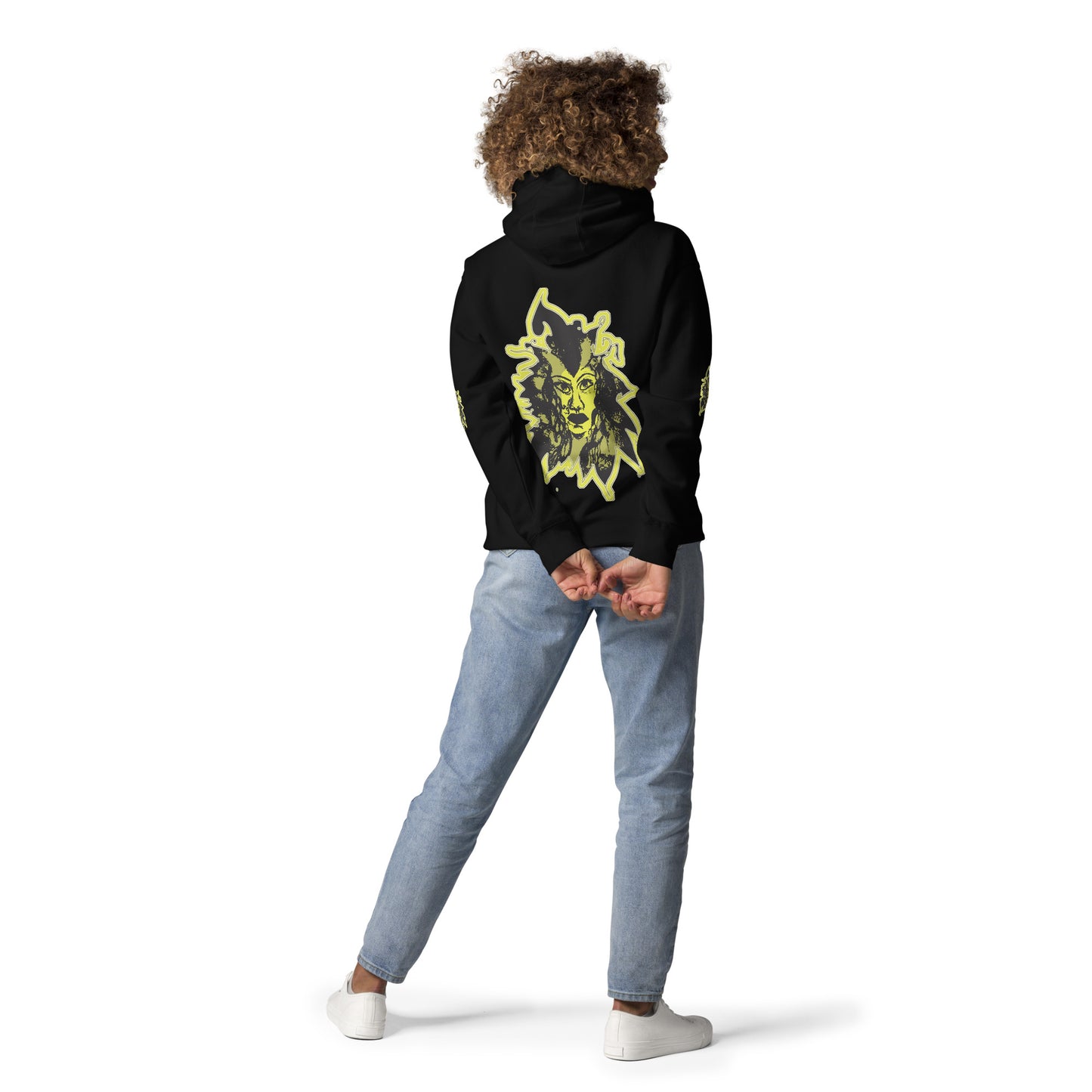 Black unisex hoodie with a bold yellow hand-drawn face graphic on the back, embodying culturally inspired fashion and modern boho style. The front features the K.L.O.E. logo and ‘KEEN, LIBERATED, ORIGINAL, ENDLESS’ text, celebrating individuality and expressive fashion for a contemporary, liberated lifestyle.