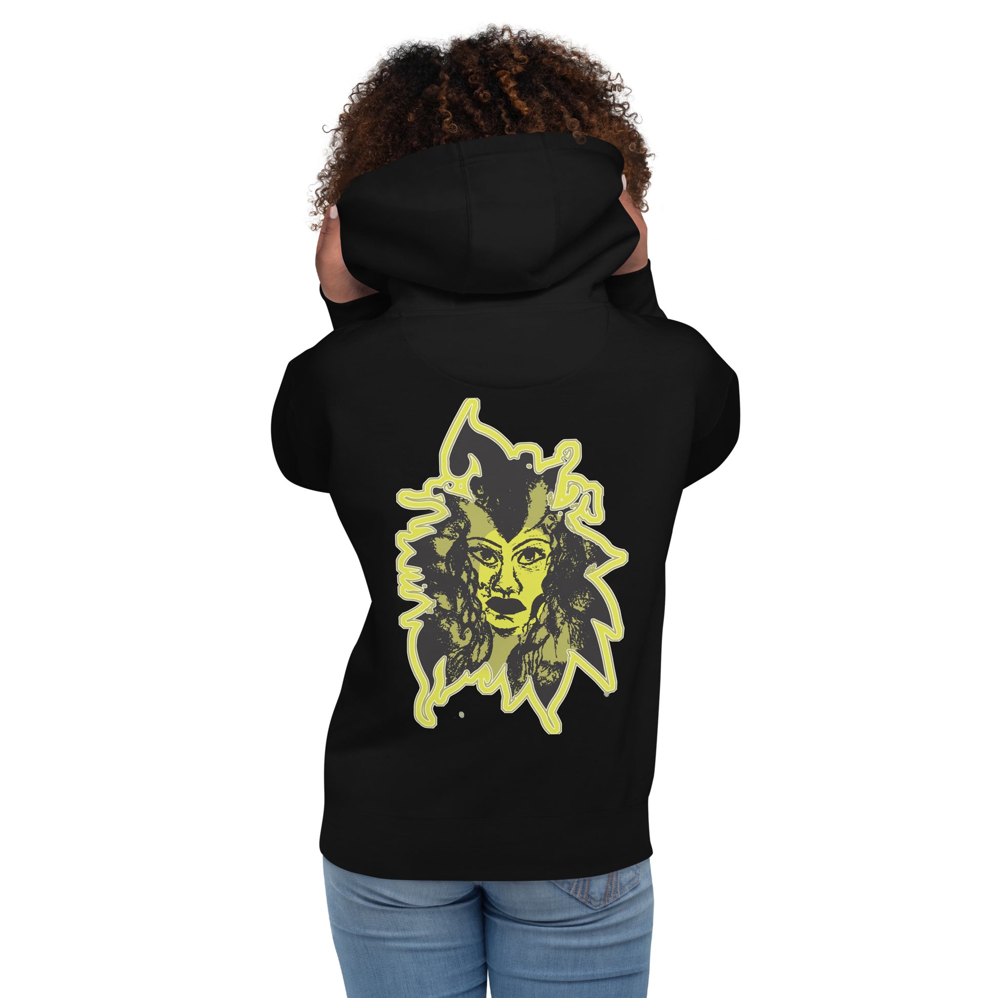 Black unisex hoodie with a bold yellow hand-drawn face graphic on the back, embodying culturally inspired fashion and modern boho style. The front features the K.L.O.E. logo and ‘KEEN, LIBERATED, ORIGINAL, ENDLESS’ text, celebrating individuality and expressive fashion for a contemporary, liberated lifestyle.