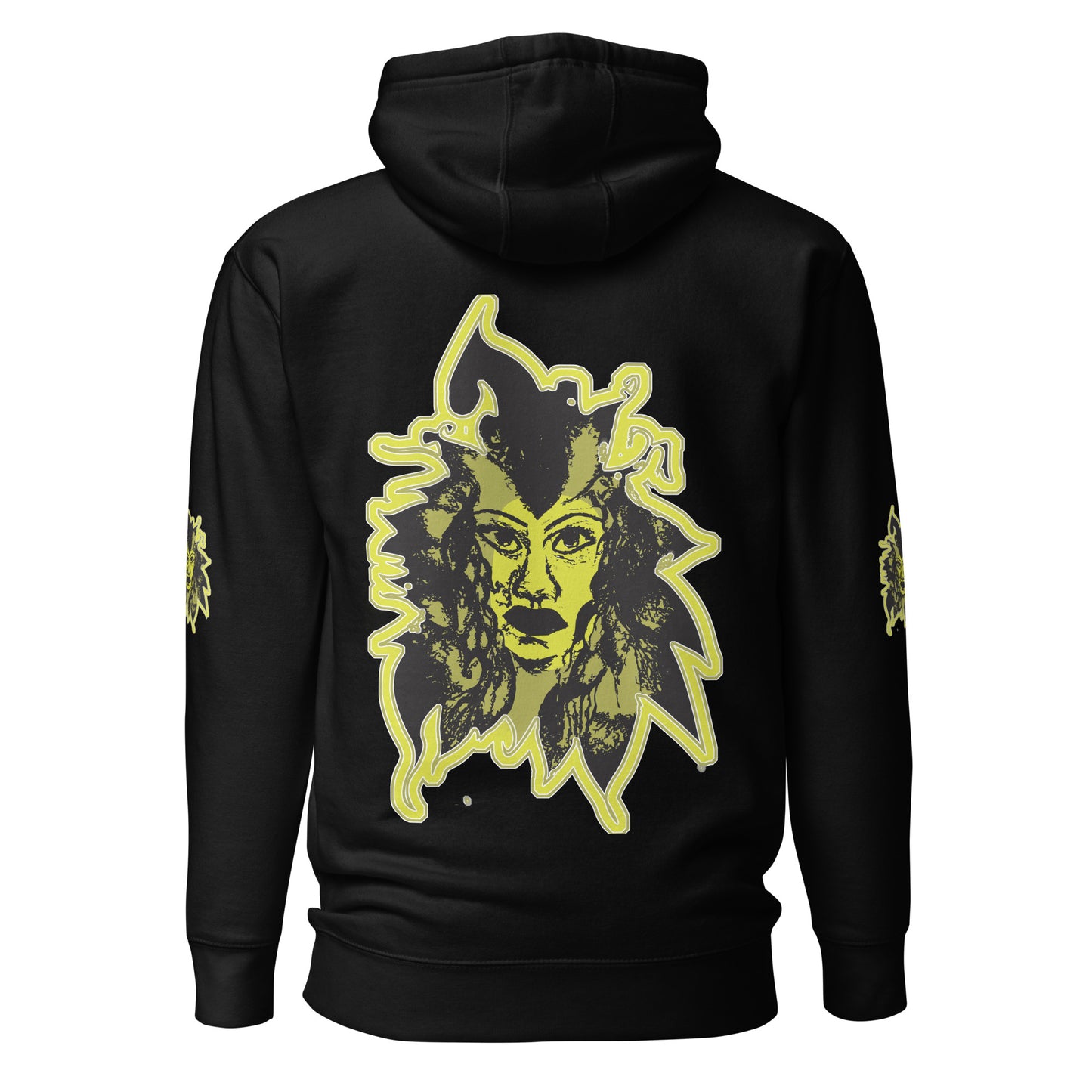 Black unisex hoodie with a bold yellow hand-drawn face graphic on the back, embodying culturally inspired fashion and modern boho style. The front features the K.L.O.E. logo and ‘KEEN, LIBERATED, ORIGINAL, ENDLESS’ text, celebrating individuality and expressive fashion for a contemporary, liberated lifestyle.