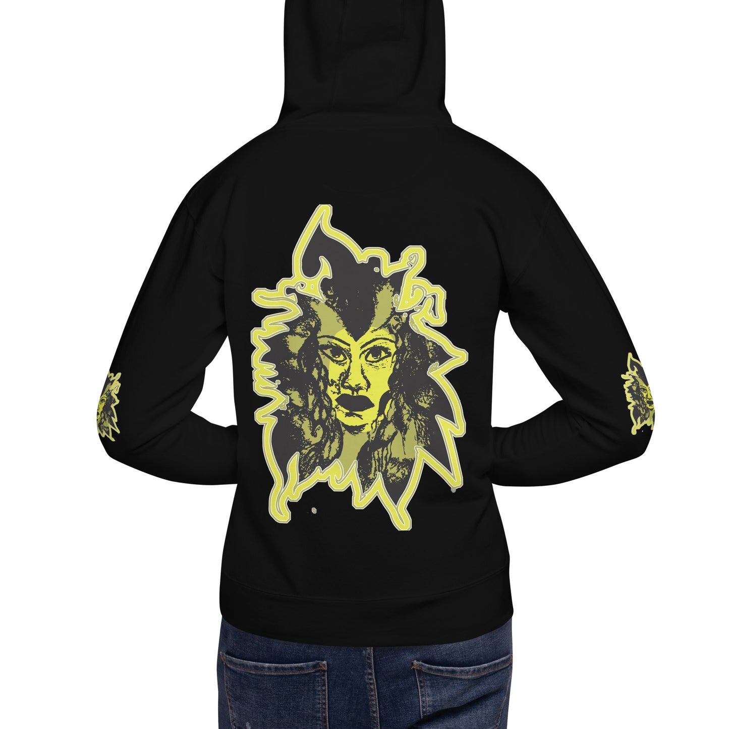 Black unisex hoodie with a bold yellow hand-drawn face graphic on the back, embodying culturally inspired fashion and modern boho style. The front features the K.L.O.E. logo and ‘KEEN, LIBERATED, ORIGINAL, ENDLESS’ text, celebrating individuality and expressive fashion for a contemporary, liberated lifestyle.