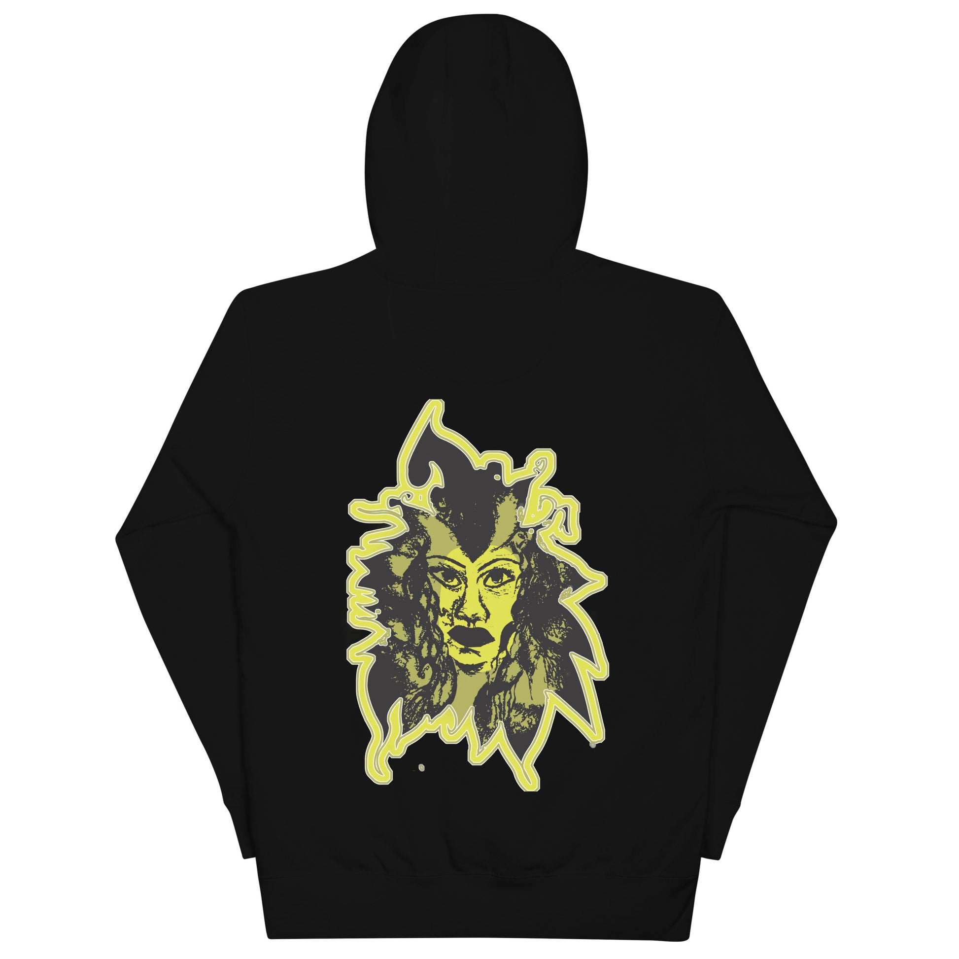 Black unisex hoodie with a bold yellow hand-drawn face graphic on the back, embodying culturally inspired fashion and modern boho style. The front features the K.L.O.E. logo and ‘KEEN, LIBERATED, ORIGINAL, ENDLESS’ text, celebrating individuality and expressive fashion for a contemporary, liberated lifestyle.