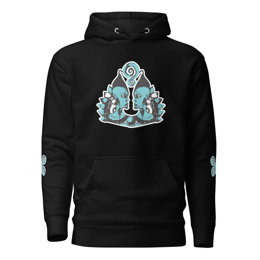 Front of black K.L.O.E. hoodie featuring a hand-drawn design of two mirrored faces in teal and white, highlighting culturally inspired, bohemian style fashion with a focus on individuality, artistic expression, and modern eco-friendly fashion.