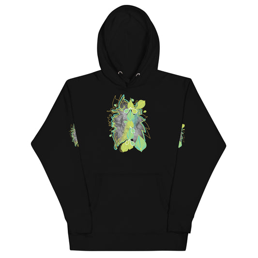 Front view of black K.L.O.E. hoodie with vibrant green and yellow leaf patterns framing a detailed hand-drawn face design. A modern bohemian style statement that celebrates individuality, artistic expression, and culturally inspired fashion.