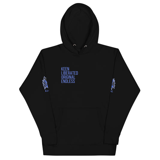 Black unisex K.L.O.E hoodie featuring a bold, hand-drawn blue graphic of an expressive face on the back, inspired by global artistry and modern boho style. The front showcases ‘KEEN, LIBERATED, ORIGINAL, ENDLESS’ text, celebrating individuality and self-expression. A contemporary fashion statement for those embracing artistic clothing and culturally inspired style.