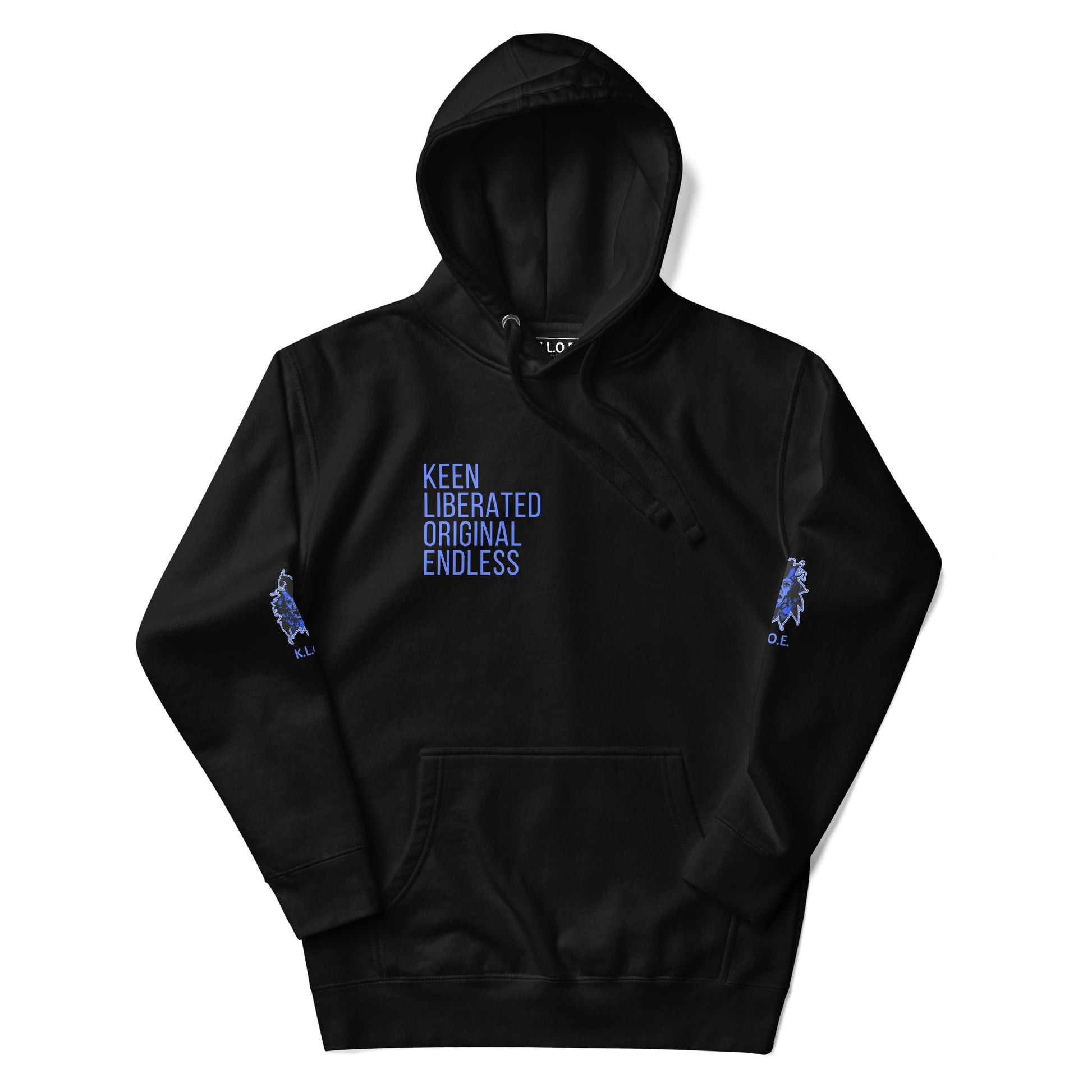 Black unisex K.L.O.E hoodie featuring a bold, hand-drawn blue graphic of an expressive face on the back, inspired by global artistry and modern boho style. The front showcases ‘KEEN, LIBERATED, ORIGINAL, ENDLESS’ text, celebrating individuality and self-expression. A contemporary fashion statement for those embracing artistic clothing and culturally inspired style.