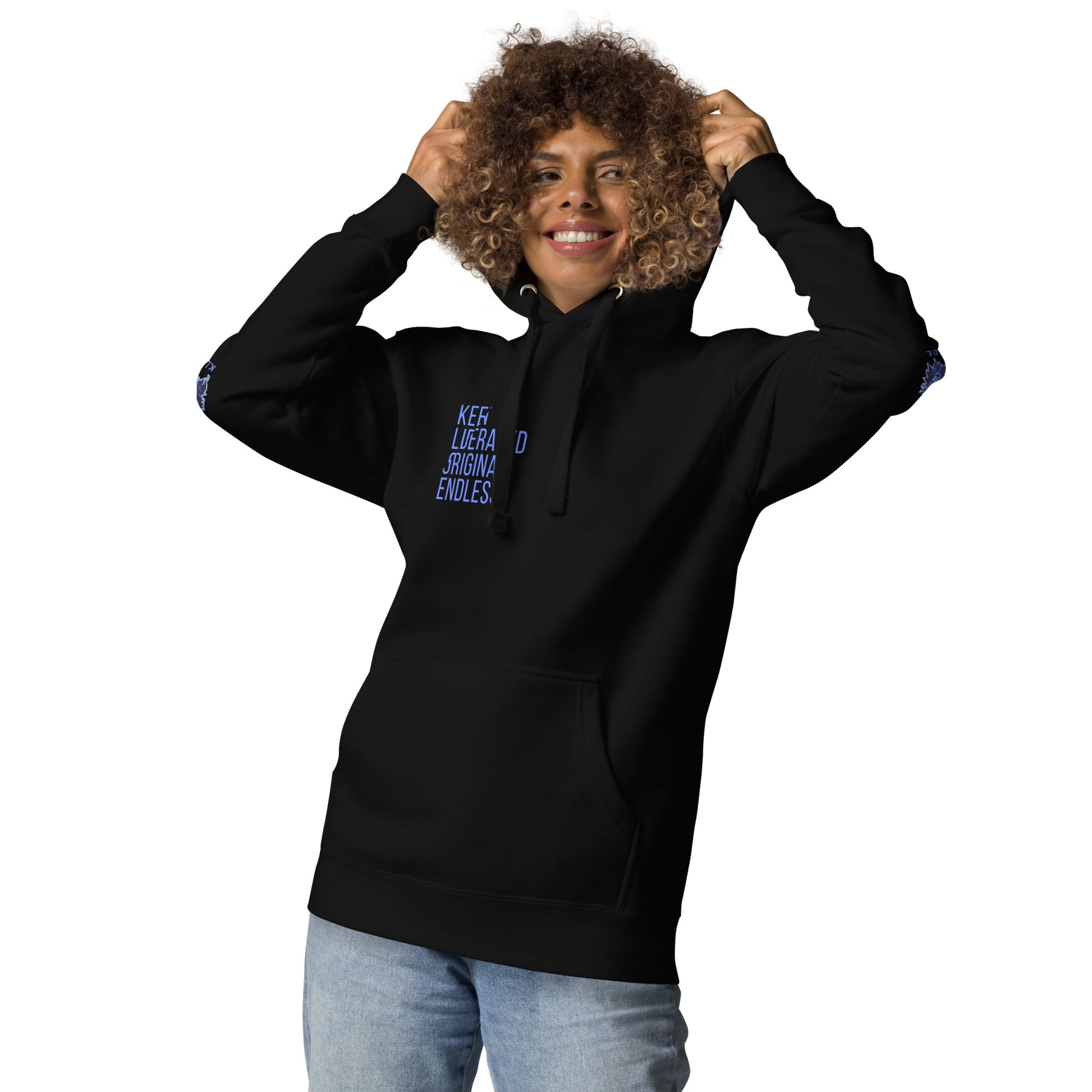 Black unisex K.L.O.E hoodie featuring a bold, hand-drawn blue graphic of an expressive face on the back, inspired by global artistry and modern boho style. The front showcases ‘KEEN, LIBERATED, ORIGINAL, ENDLESS’ text, celebrating individuality and self-expression. A contemporary fashion statement for those embracing artistic clothing and culturally inspired style.