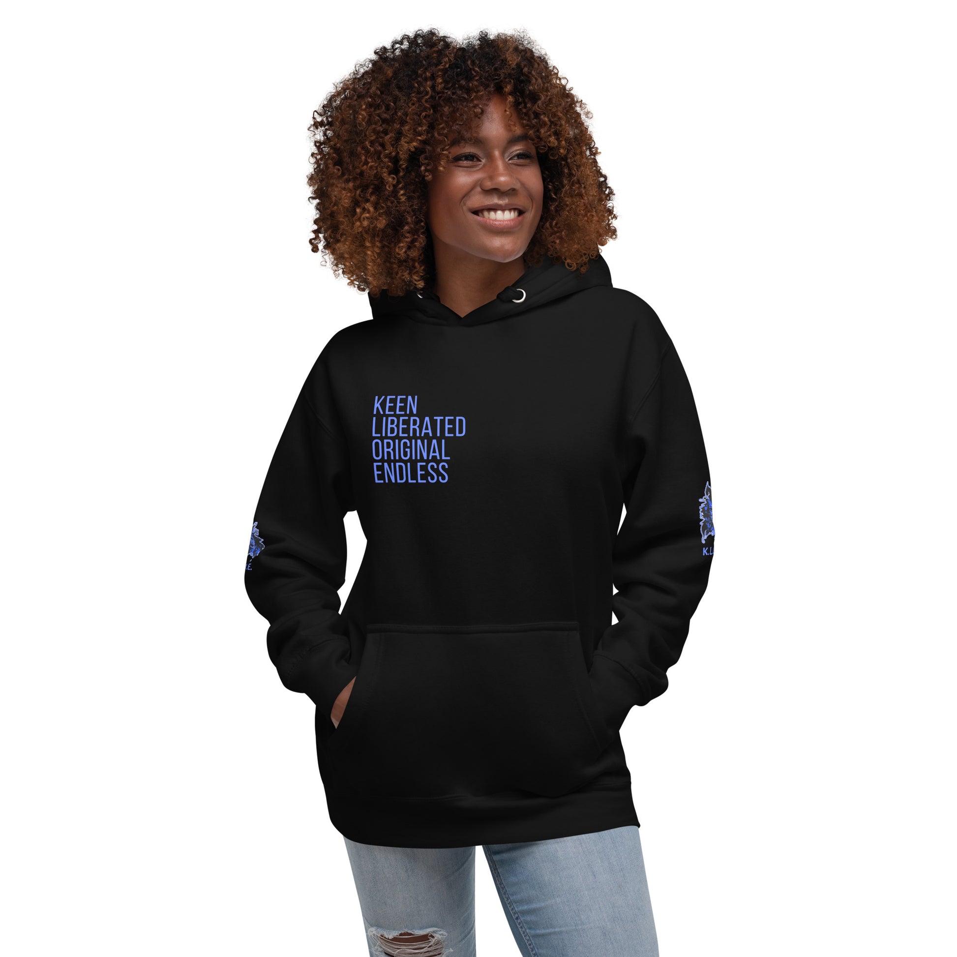 Black unisex K.L.O.E hoodie featuring a bold, hand-drawn blue graphic of an expressive face on the back, inspired by global artistry and modern boho style. The front showcases ‘KEEN, LIBERATED, ORIGINAL, ENDLESS’ text, celebrating individuality and self-expression. A contemporary fashion statement for those embracing artistic clothing and culturally inspired style.