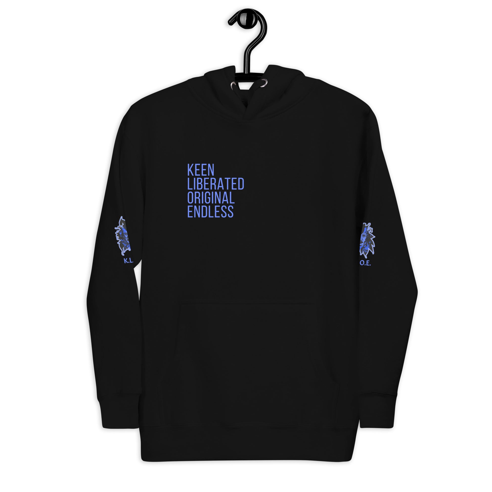 Black unisex K.L.O.E hoodie featuring a bold, hand-drawn blue graphic of an expressive face on the back, inspired by global artistry and modern boho style. The front showcases ‘KEEN, LIBERATED, ORIGINAL, ENDLESS’ text, celebrating individuality and self-expression. A contemporary fashion statement for those embracing artistic clothing and culturally inspired style.