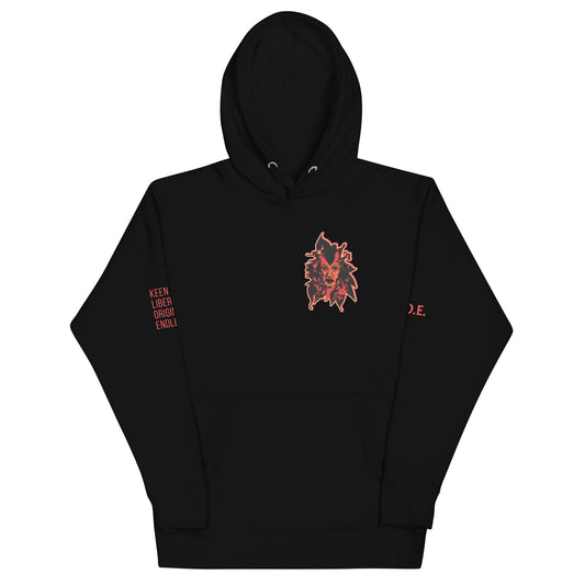 Black unisex hoodie featuring a striking red, hand-drawn face graphic on the back and front, inspired by global artistry and expressive fashion. The sleeve showcases ‘KEEN, LIBERATED, ORIGINAL, ENDLESS,’ embodying modern boho style and empowering individuality. A statement piece for those embracing contemporary, culturally inspired fashion.