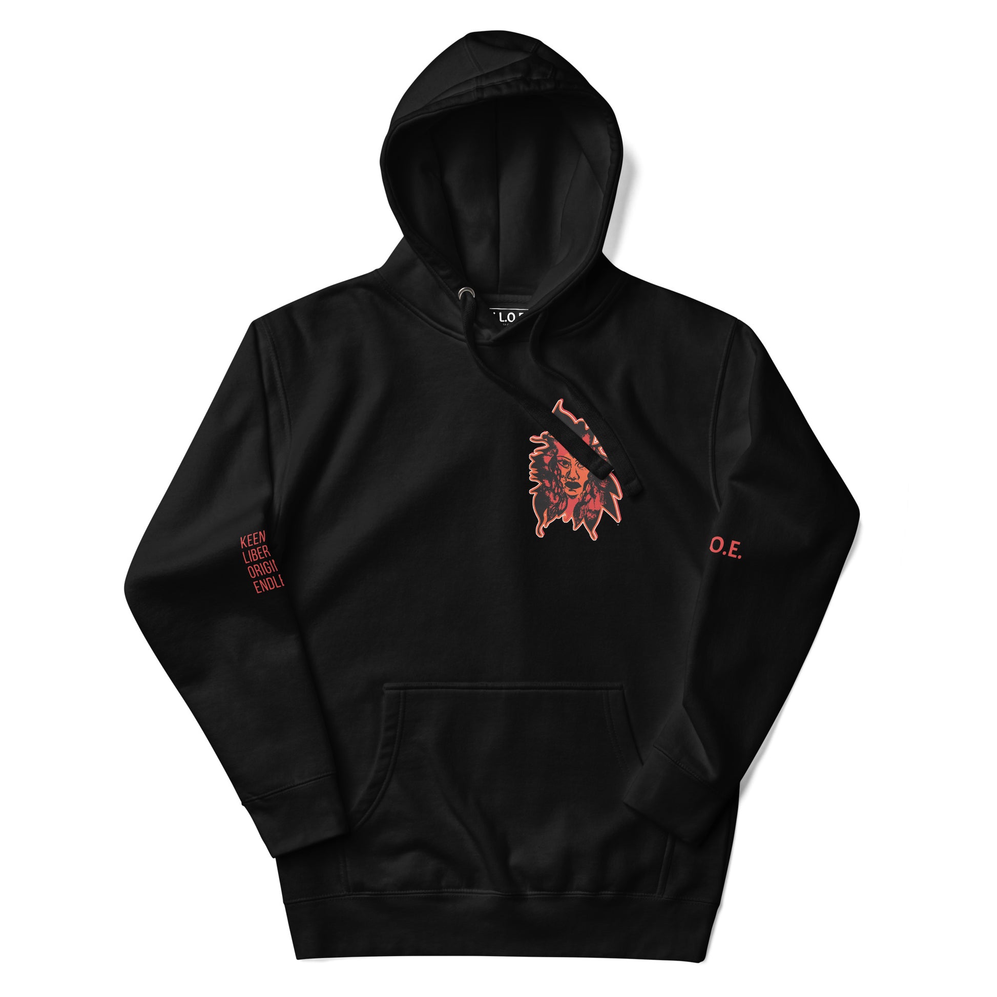 Black unisex hoodie featuring a striking red, hand-drawn face graphic on the back and front, inspired by global artistry and expressive fashion. The sleeve showcases ‘KEEN, LIBERATED, ORIGINAL, ENDLESS,’ embodying modern boho style and empowering individuality. A statement piece for those embracing contemporary, culturally inspired fashion.