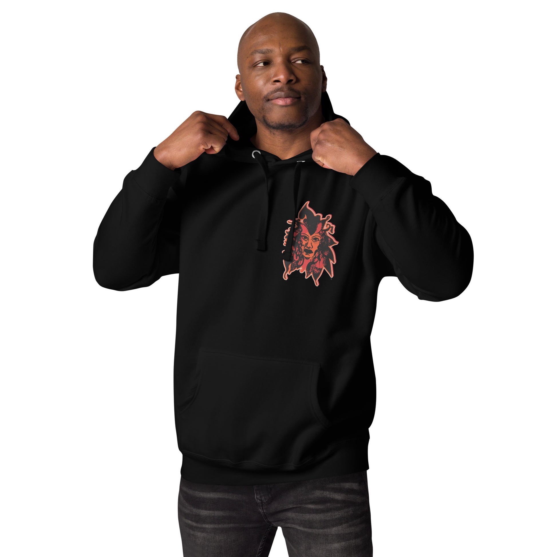 Black unisex hoodie featuring a striking red, hand-drawn face graphic on the back and front, inspired by global artistry and expressive fashion. The sleeve showcases ‘KEEN, LIBERATED, ORIGINAL, ENDLESS,’ embodying modern boho style and empowering individuality. A statement piece for those embracing contemporary, culturally inspired fashion.