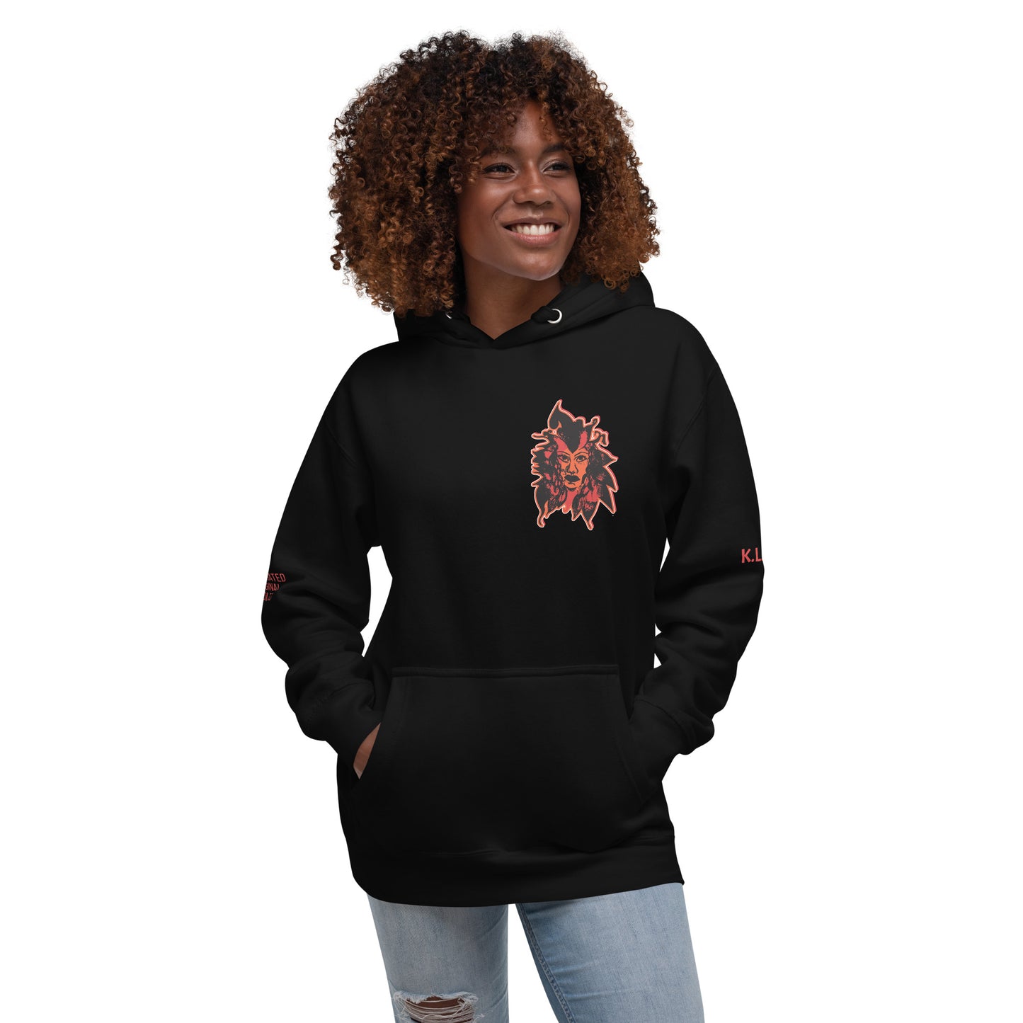 Black unisex hoodie featuring a striking red, hand-drawn face graphic on the back and front, inspired by global artistry and expressive fashion. The sleeve showcases ‘KEEN, LIBERATED, ORIGINAL, ENDLESS,’ embodying modern boho style and empowering individuality. A statement piece for those embracing contemporary, culturally inspired fashion.