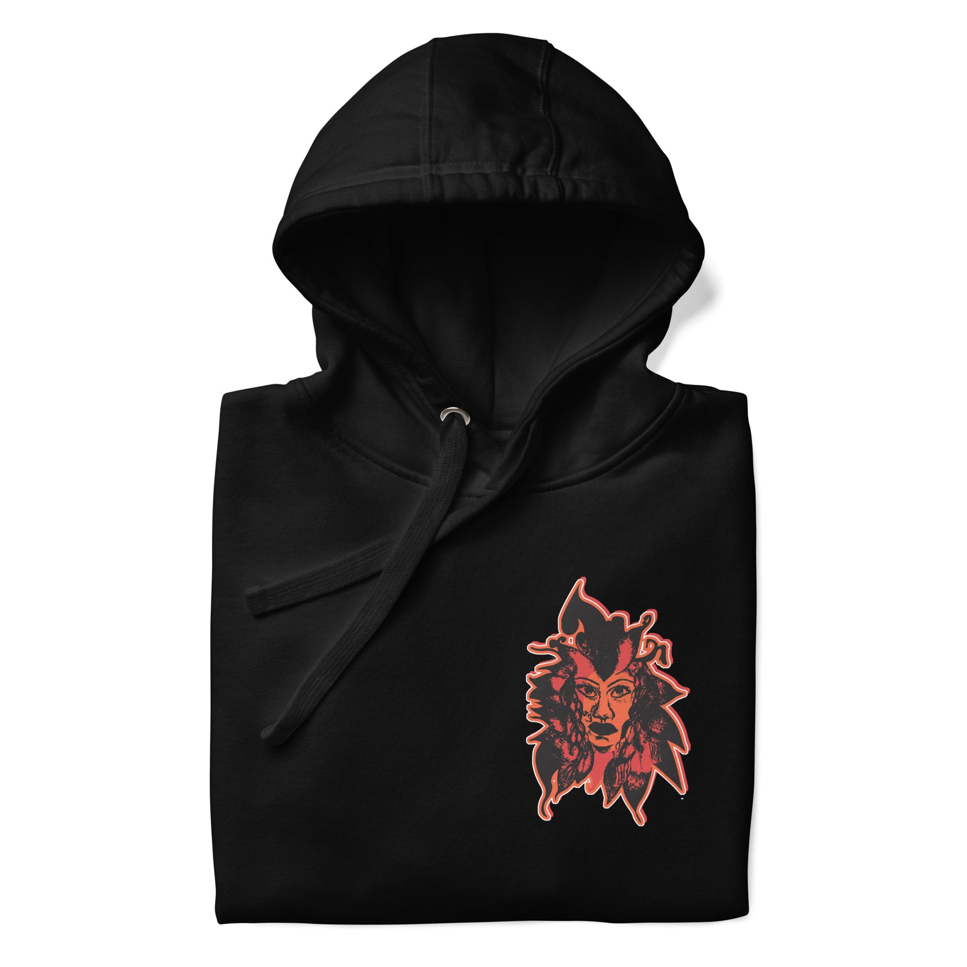 Black unisex hoodie featuring a striking red, hand-drawn face graphic on the back and front, inspired by global artistry and expressive fashion. The sleeve showcases ‘KEEN, LIBERATED, ORIGINAL, ENDLESS,’ embodying modern boho style and empowering individuality. A statement piece for those embracing contemporary, culturally inspired fashion.