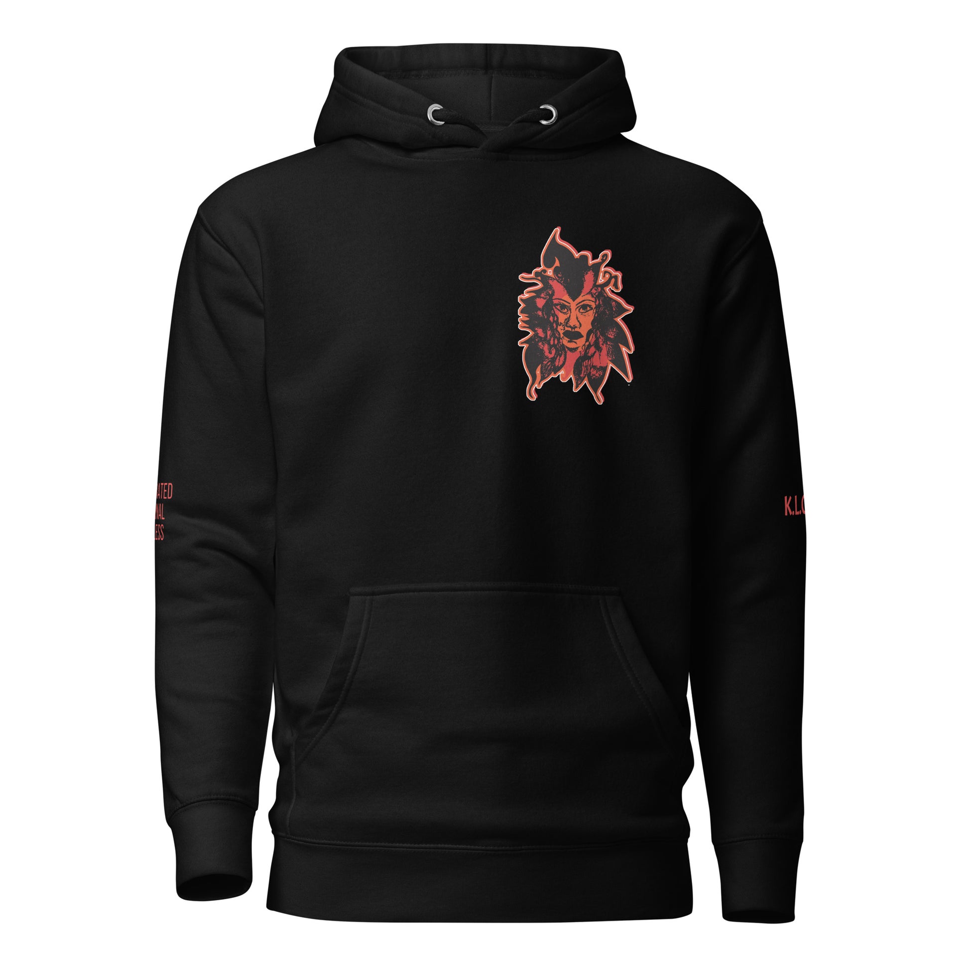 Black unisex hoodie featuring a striking red, hand-drawn face graphic on the back and front, inspired by global artistry and expressive fashion. The sleeve showcases ‘KEEN, LIBERATED, ORIGINAL, ENDLESS,’ embodying modern boho style and empowering individuality. A statement piece for those embracing contemporary, culturally inspired fashion.