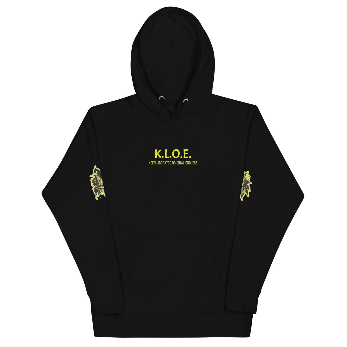 Black unisex hoodie with a bold yellow hand-drawn face graphic on the back, embodying culturally inspired fashion and modern boho style. The front features the K.L.O.E. logo and ‘KEEN, LIBERATED, ORIGINAL, ENDLESS’ text, celebrating individuality and expressive fashion for a contemporary, liberated lifestyle.