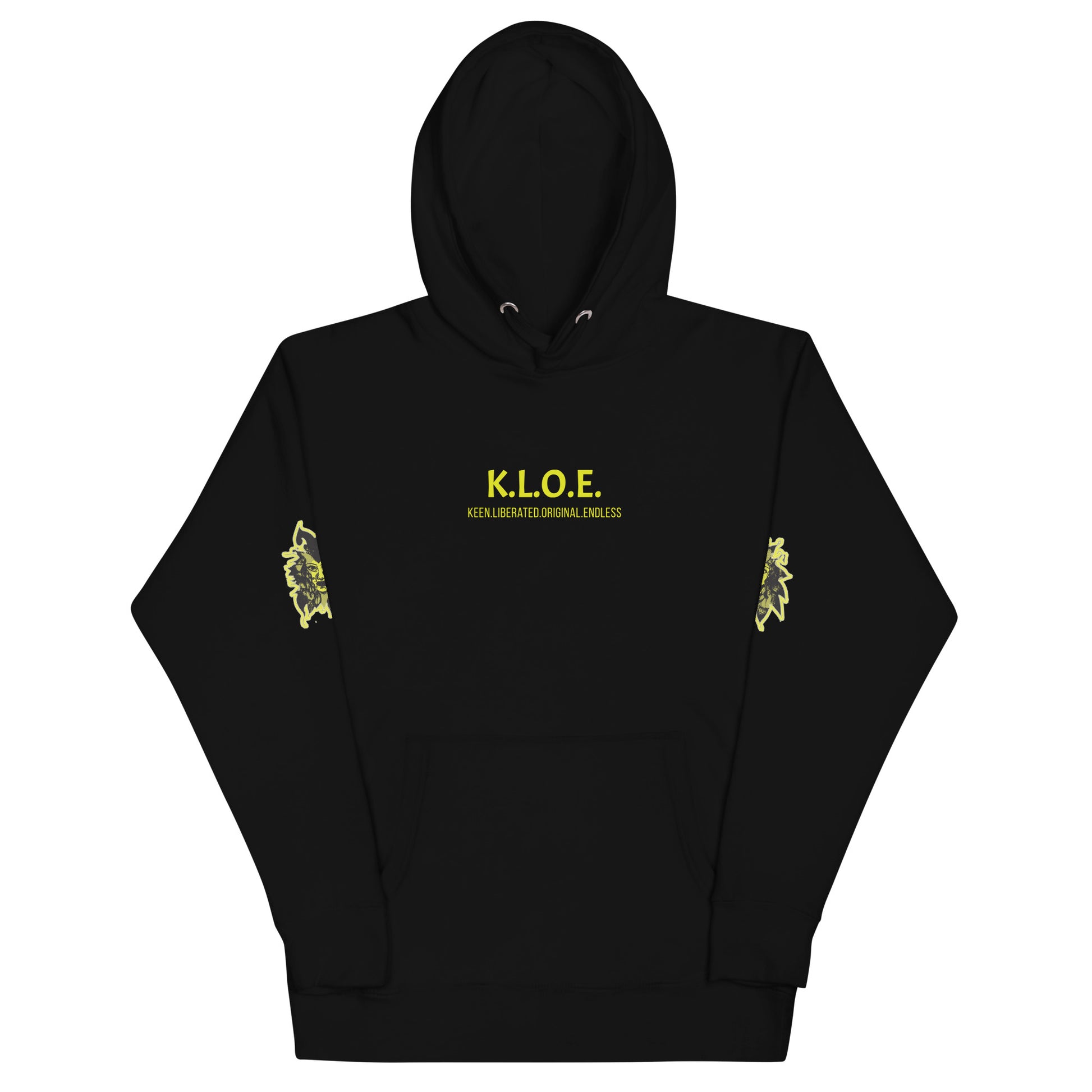 Black unisex hoodie with a bold yellow hand-drawn face graphic on the back, embodying culturally inspired fashion and modern boho style. The front features the K.L.O.E. logo and ‘KEEN, LIBERATED, ORIGINAL, ENDLESS’ text, celebrating individuality and expressive fashion for a contemporary, liberated lifestyle.