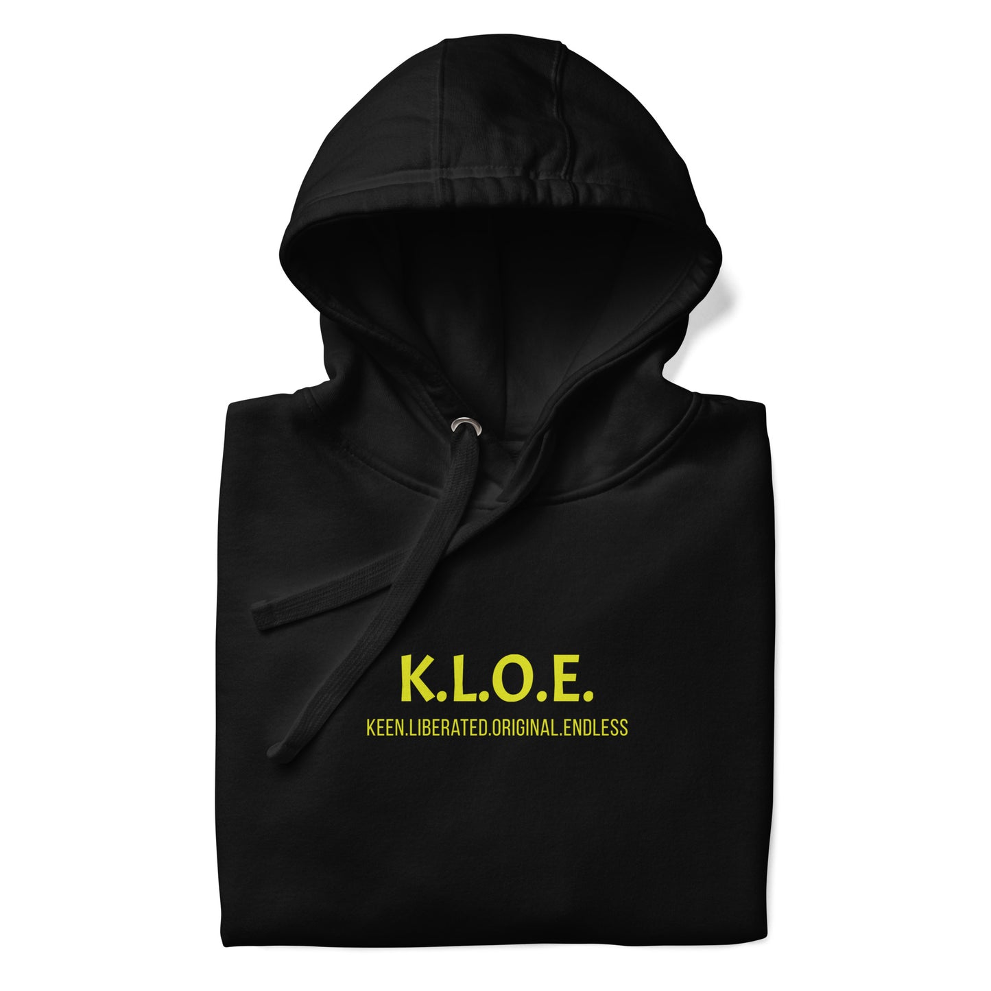 Black unisex hoodie with a bold yellow hand-drawn face graphic on the back, embodying culturally inspired fashion and modern boho style. The front features the K.L.O.E. logo and ‘KEEN, LIBERATED, ORIGINAL, ENDLESS’ text, celebrating individuality and expressive fashion for a contemporary, liberated lifestyle.