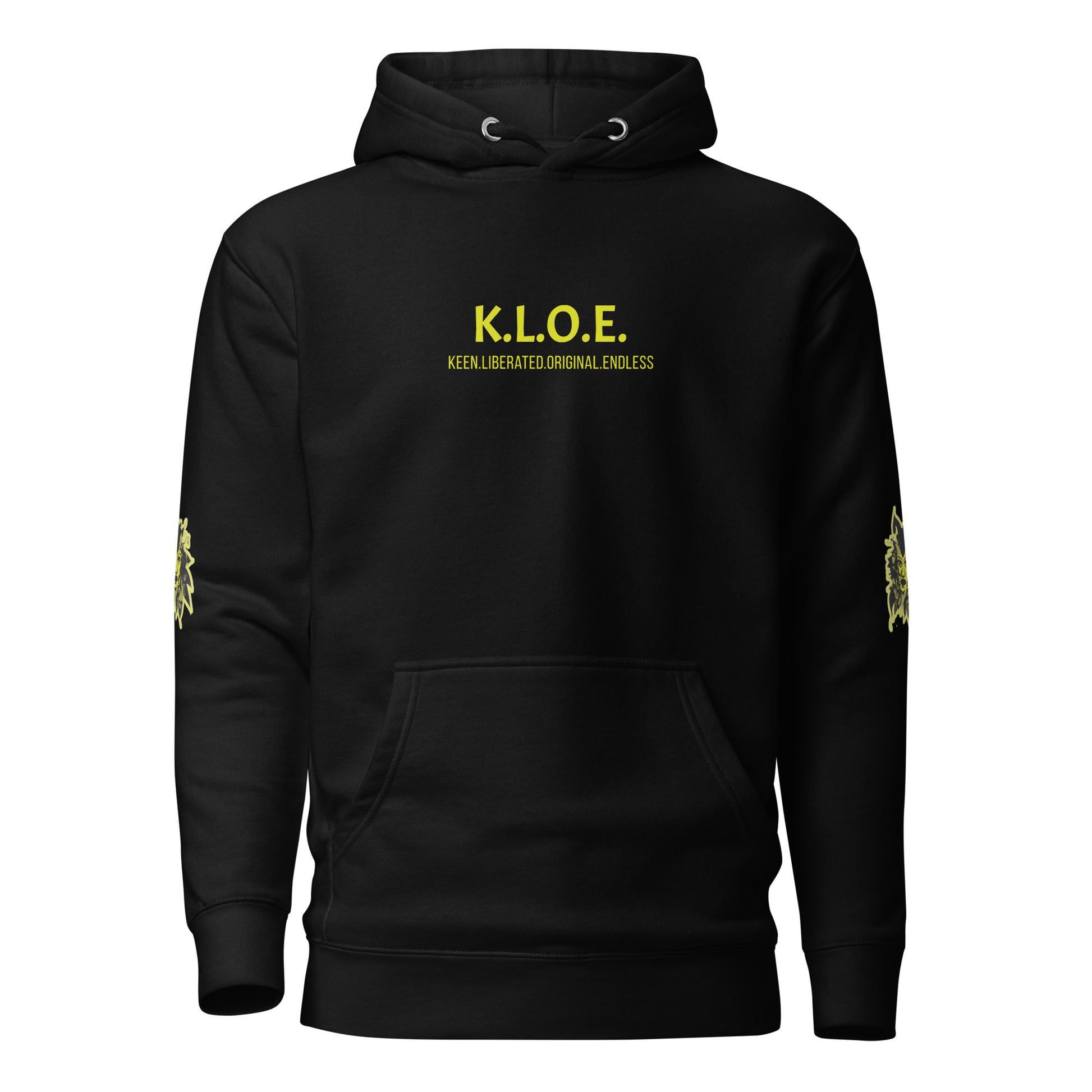 Black unisex hoodie with a bold yellow hand-drawn face graphic on the back, embodying culturally inspired fashion and modern boho style. The front features the K.L.O.E. logo and ‘KEEN, LIBERATED, ORIGINAL, ENDLESS’ text, celebrating individuality and expressive fashion for a contemporary, liberated lifestyle.