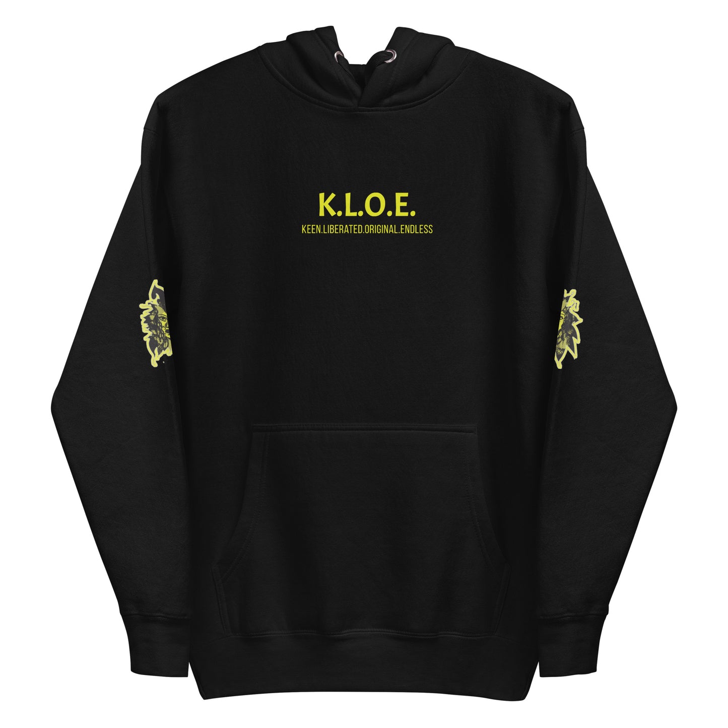 Black unisex hoodie with a bold yellow hand-drawn face graphic on the back, embodying culturally inspired fashion and modern boho style. The front features the K.L.O.E. logo and ‘KEEN, LIBERATED, ORIGINAL, ENDLESS’ text, celebrating individuality and expressive fashion for a contemporary, liberated lifestyle.