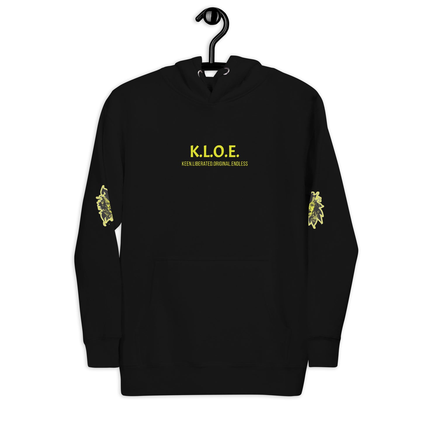 Black unisex hoodie with a bold yellow hand-drawn face graphic on the back, embodying culturally inspired fashion and modern boho style. The front features the K.L.O.E. logo and ‘KEEN, LIBERATED, ORIGINAL, ENDLESS’ text, celebrating individuality and expressive fashion for a contemporary, liberated lifestyle.