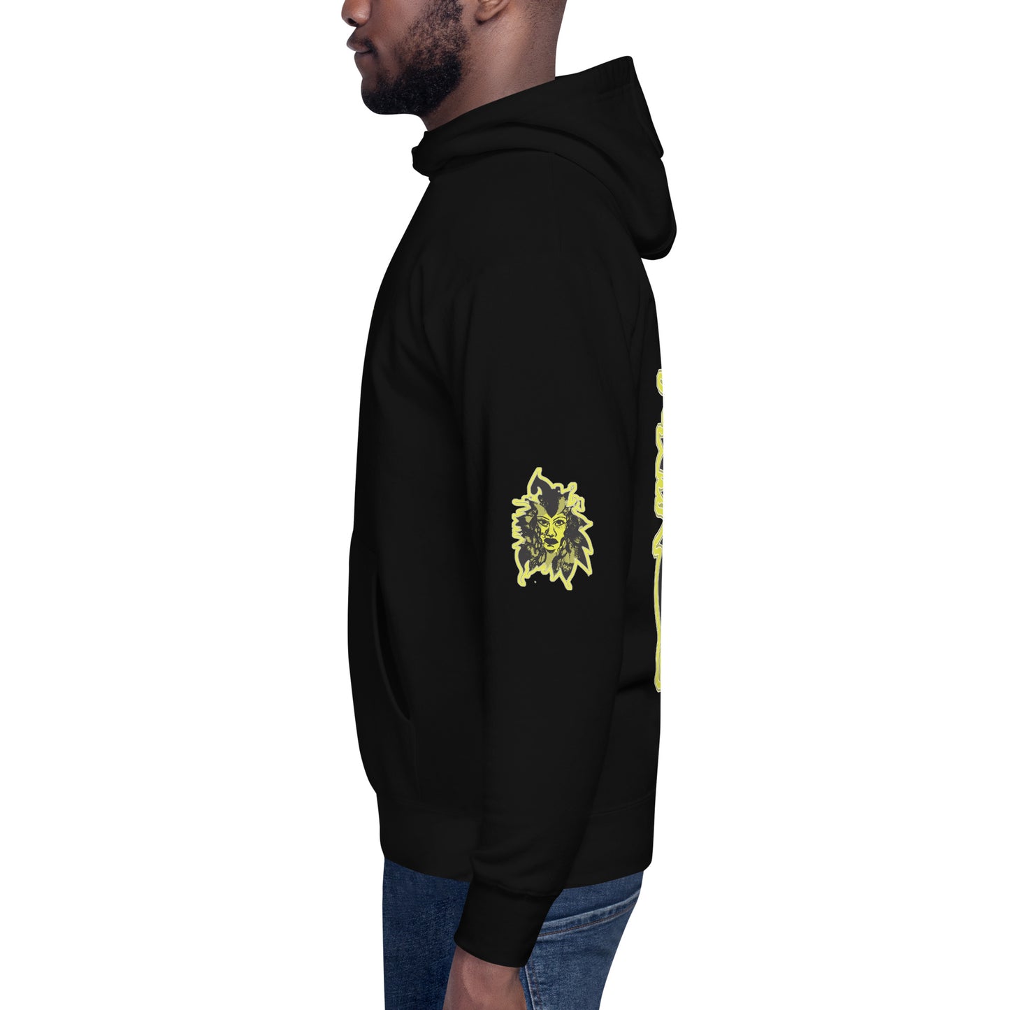 Black unisex hoodie with a bold yellow hand-drawn face graphic on the back, embodying culturally inspired fashion and modern boho style. The front features the K.L.O.E. logo and ‘KEEN, LIBERATED, ORIGINAL, ENDLESS’ text, celebrating individuality and expressive fashion for a contemporary, liberated lifestyle.