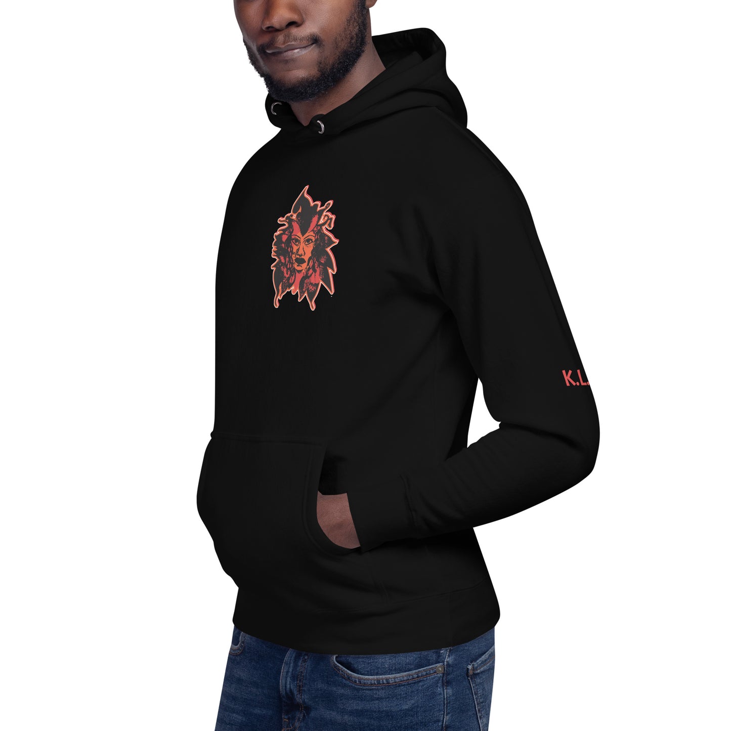 Black unisex hoodie featuring a striking red, hand-drawn face graphic on the back and front, inspired by global artistry and expressive fashion. The sleeve showcases ‘KEEN, LIBERATED, ORIGINAL, ENDLESS,’ embodying modern boho style and empowering individuality. A statement piece for those embracing contemporary, culturally inspired fashion.