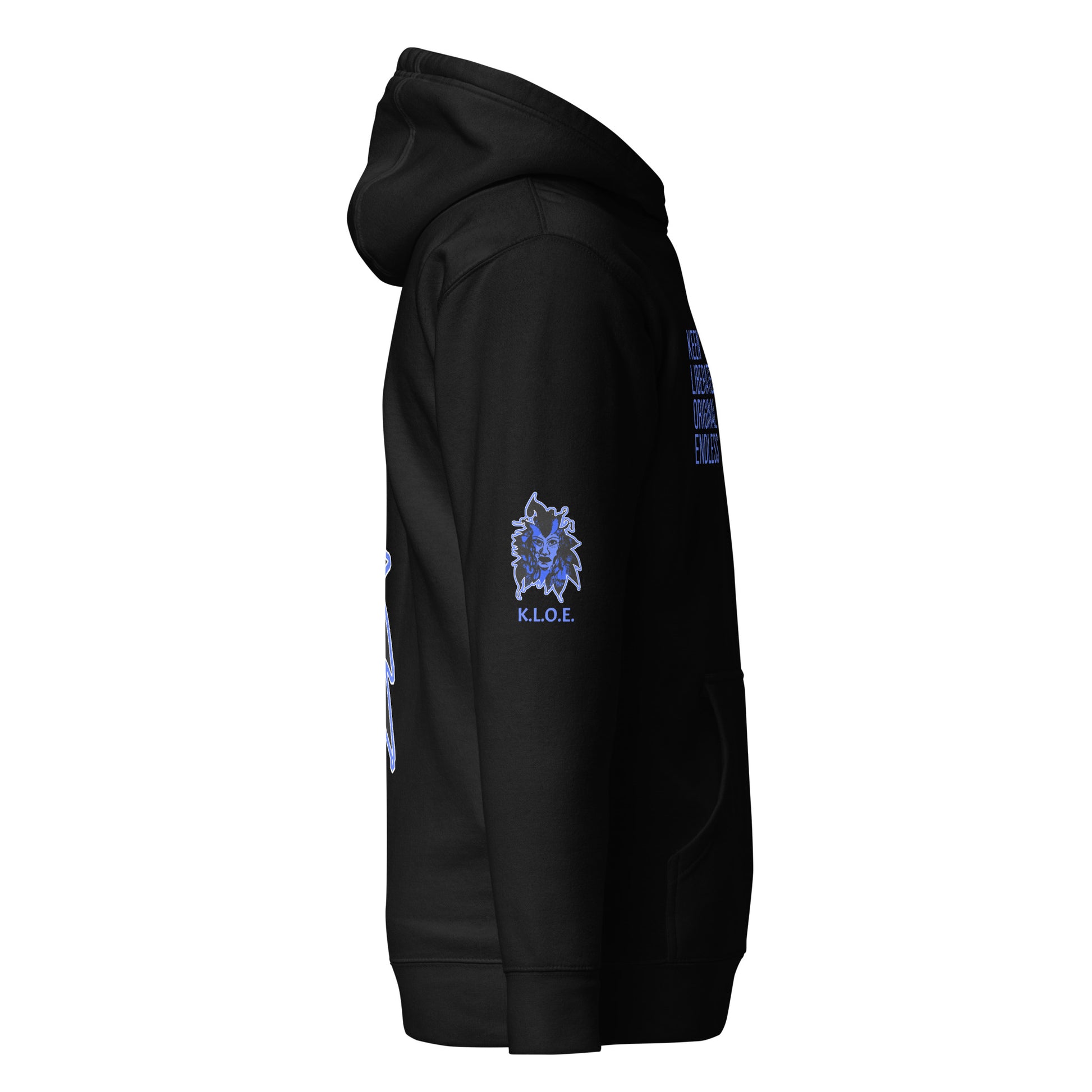 Black unisex K.L.O.E hoodie featuring a bold, hand-drawn blue graphic of an expressive face on the back, inspired by global artistry and modern boho style. The front showcases ‘KEEN, LIBERATED, ORIGINAL, ENDLESS’ text, celebrating individuality and self-expression. A contemporary fashion statement for those embracing artistic clothing and culturally inspired style.