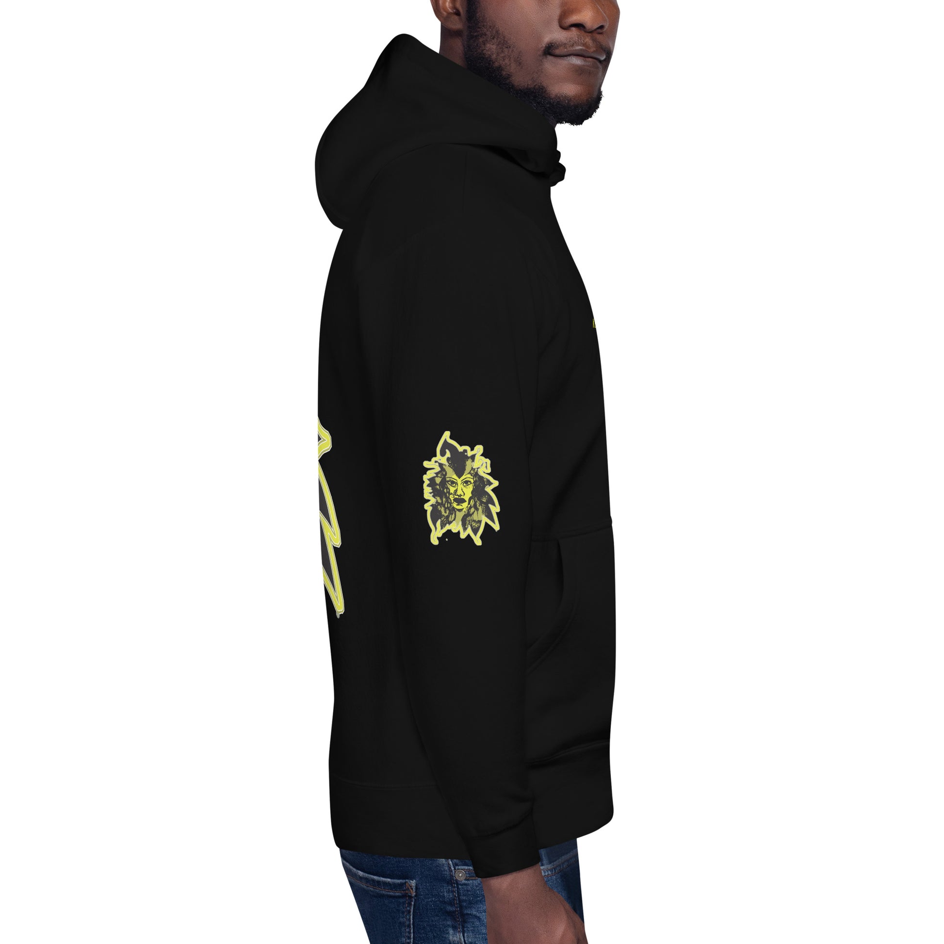 Black unisex hoodie with a bold yellow hand-drawn face graphic on the back, embodying culturally inspired fashion and modern boho style. The front features the K.L.O.E. logo and ‘KEEN, LIBERATED, ORIGINAL, ENDLESS’ text, celebrating individuality and expressive fashion for a contemporary, liberated lifestyle.