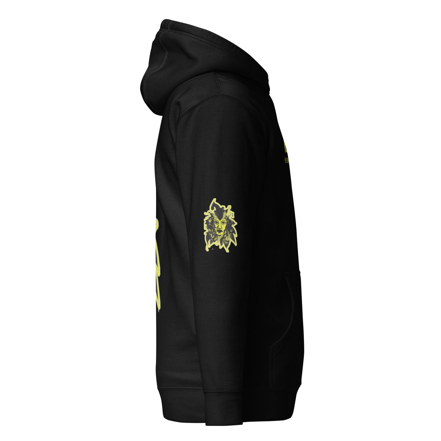 Black unisex hoodie with a bold yellow hand-drawn face graphic on the back, embodying culturally inspired fashion and modern boho style. The front features the K.L.O.E. logo and ‘KEEN, LIBERATED, ORIGINAL, ENDLESS’ text, celebrating individuality and expressive fashion for a contemporary, liberated lifestyle.