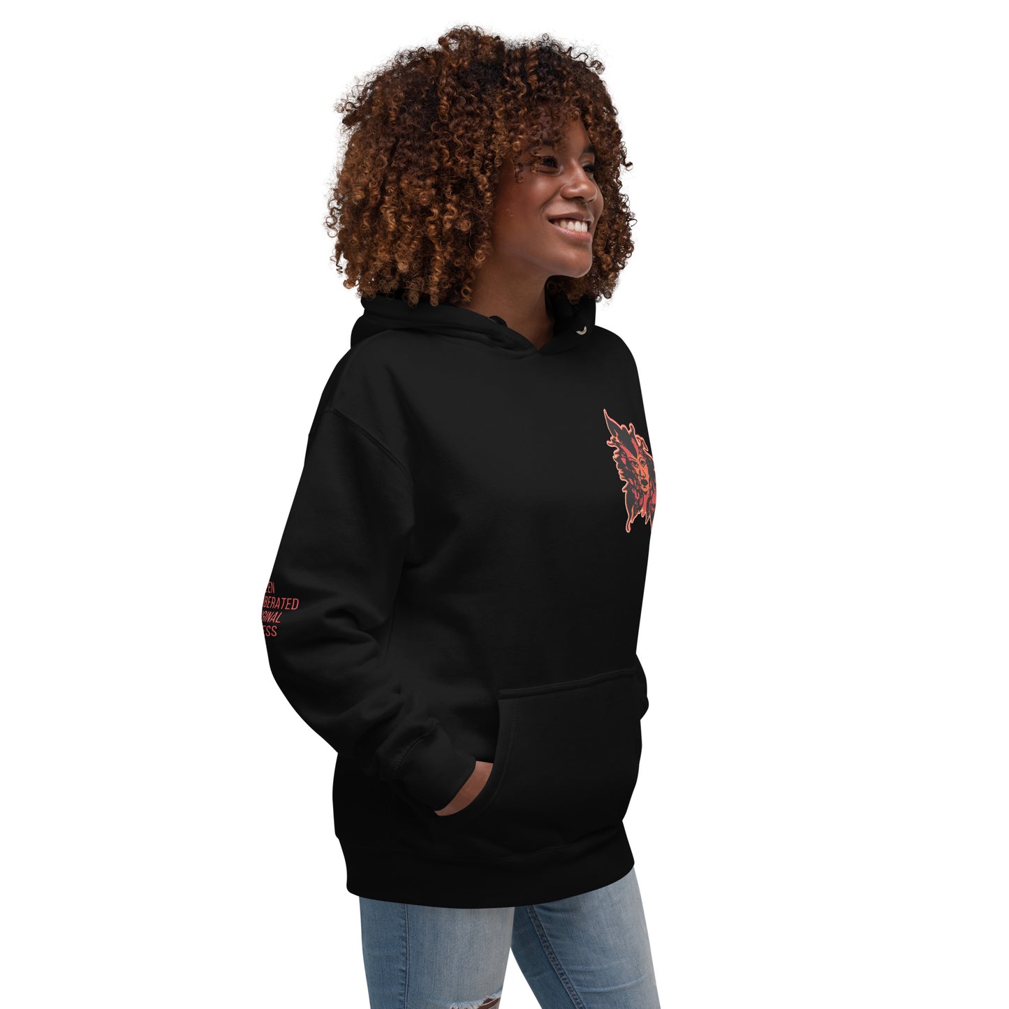 Black unisex hoodie featuring a striking red, hand-drawn face graphic on the back and front, inspired by global artistry and expressive fashion. The sleeve showcases ‘KEEN, LIBERATED, ORIGINAL, ENDLESS,’ embodying modern boho style and empowering individuality. A statement piece for those embracing contemporary, culturally inspired fashion.