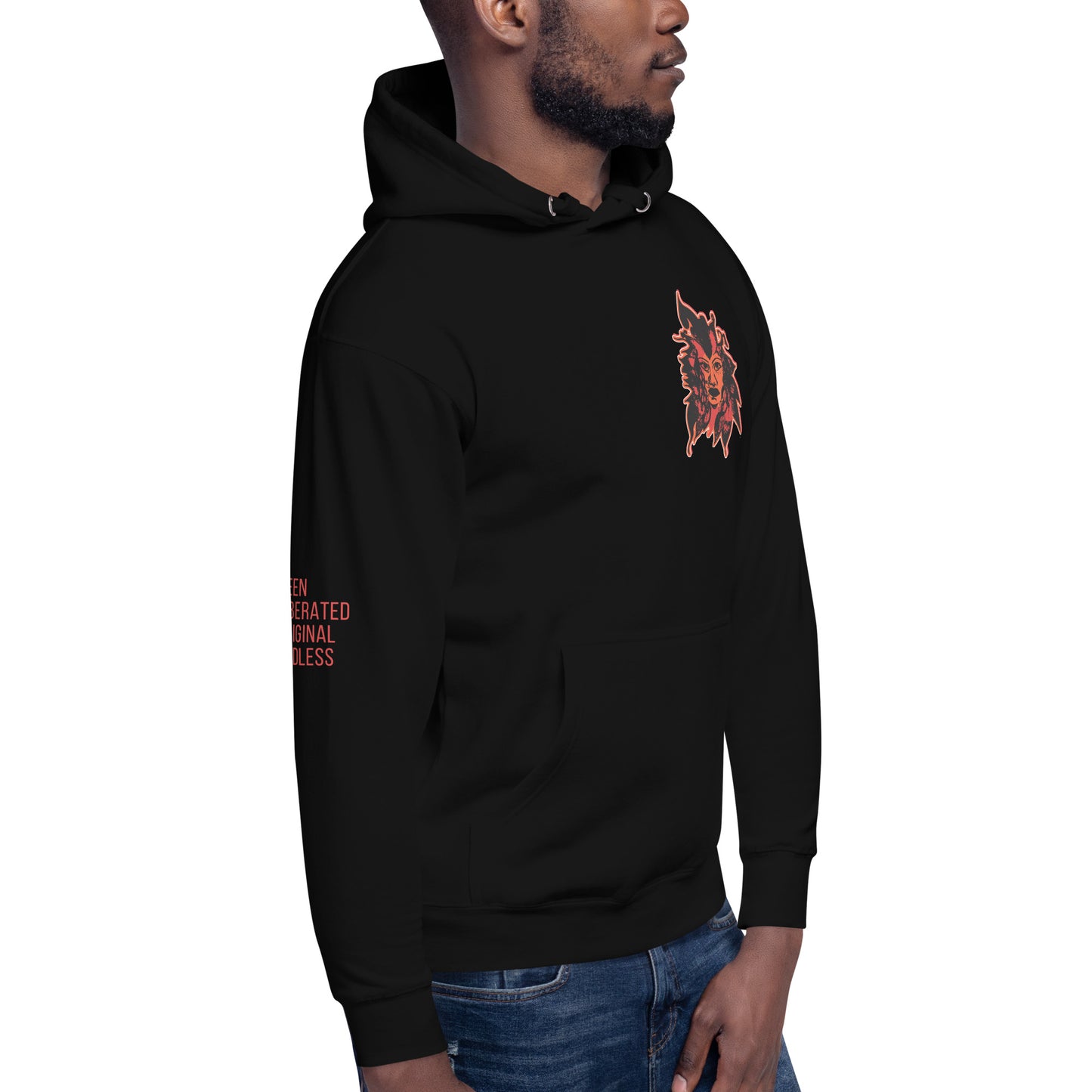 Black unisex hoodie featuring a striking red, hand-drawn face graphic on the back and front, inspired by global artistry and expressive fashion. The sleeve showcases ‘KEEN, LIBERATED, ORIGINAL, ENDLESS,’ embodying modern boho style and empowering individuality. A statement piece for those embracing contemporary, culturally inspired fashion.