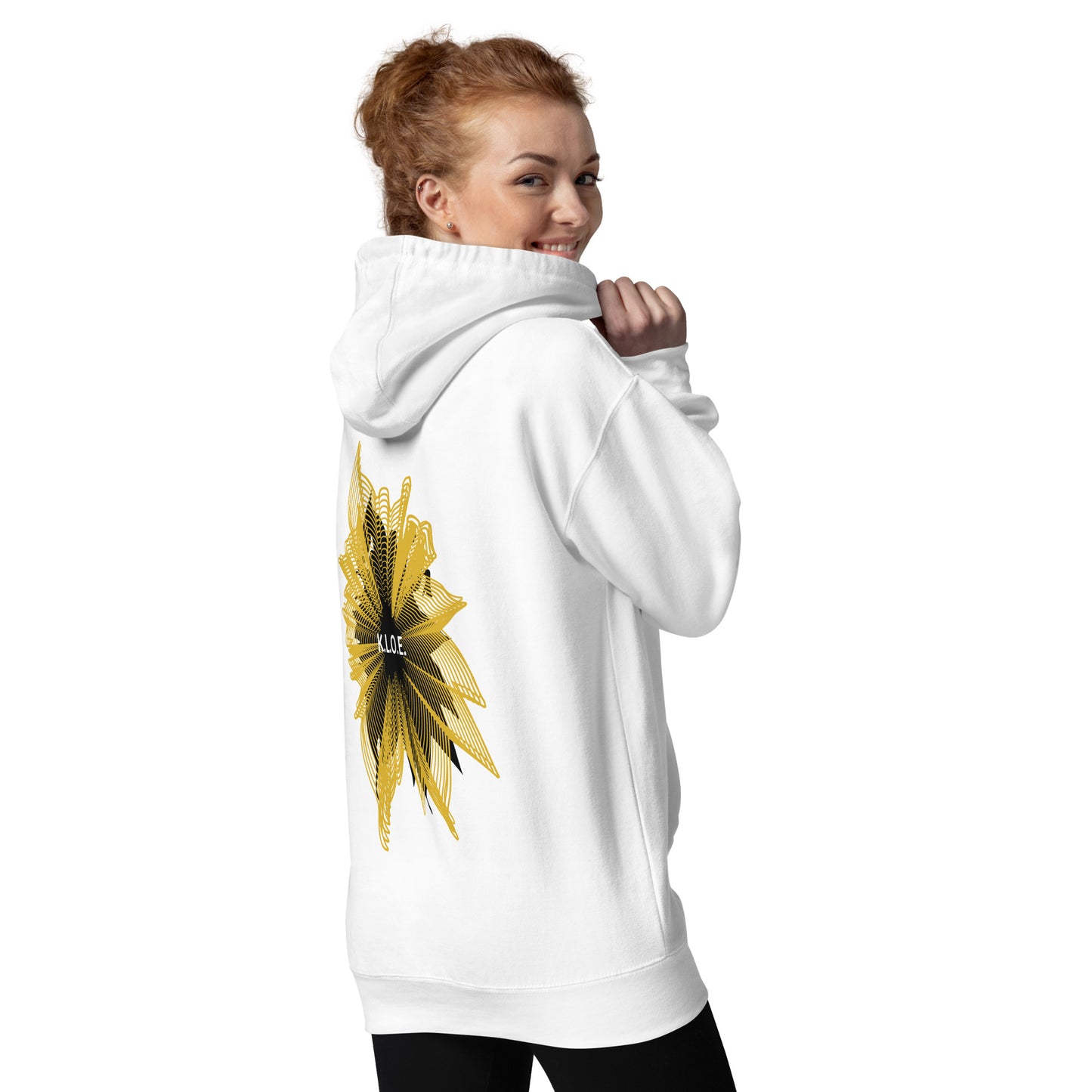 Back view of a white K.L.O.E. hoodie showcasing a bold hand-drawn golden abstract sunburst design with black accents and the K.L.O.E. logo—an artistic and empowering piece of culturally inspired, handcrafted fashion that blends modern boho style with expressive apparel, celebrating individuality and self-expression, worn by a model.