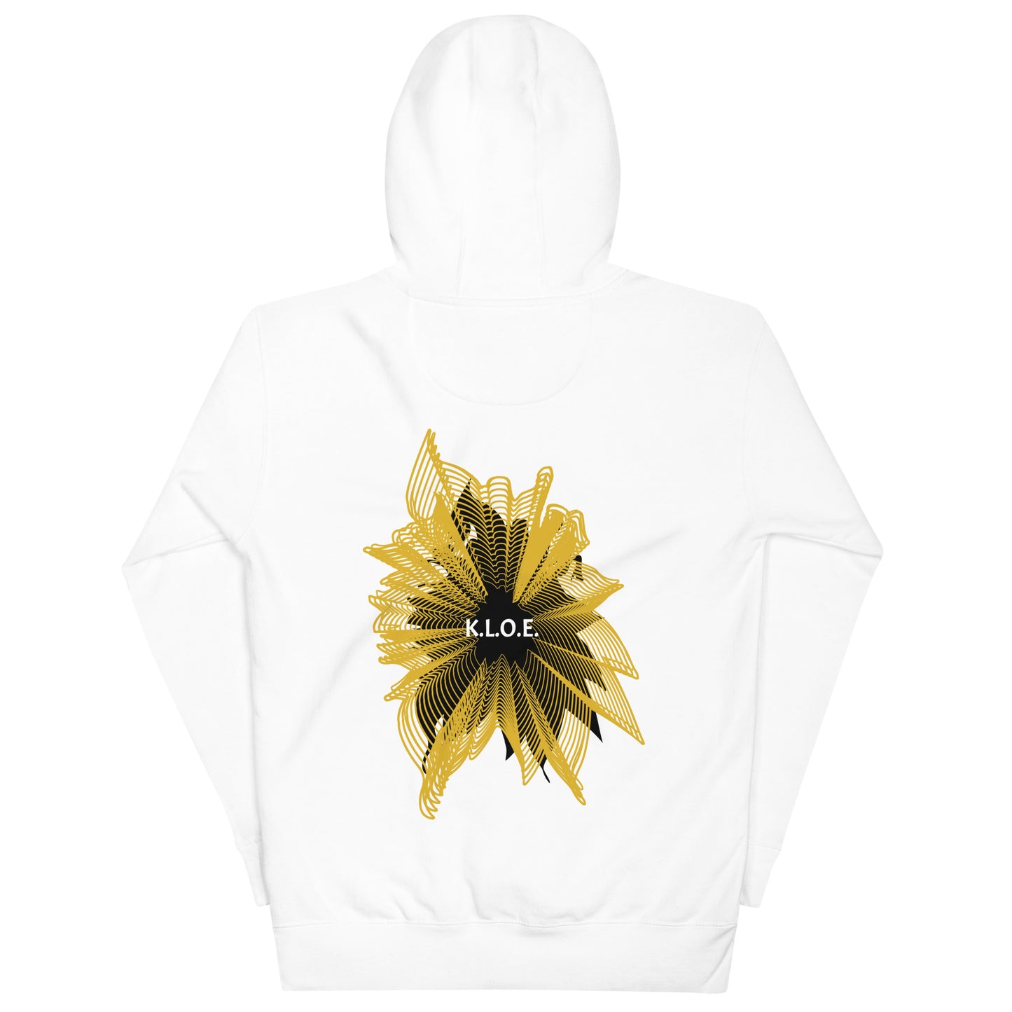 Back view of a white K.L.O.E. hoodie showcasing a bold hand-drawn golden abstract sunburst design with black accents and the K.L.O.E. logo—an artistic and empowering piece of culturally inspired, handcrafted fashion that blends modern boho style with expressive apparel, celebrating individuality and self-expression.