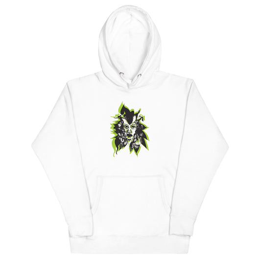 Front view of a white K.L.O.E. hoodie featuring a bold hand-drawn face design in black and vibrant green, surrounded by sharp, abstract patterns, celebrating individuality, artistic self-expression, and modern bohemian style fashion.