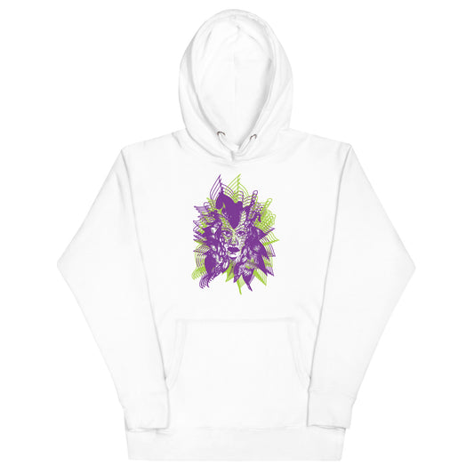 Front view of a white K.L.O.E. hoodie showcasing a bold, hand-drawn face design in vivid purple and green, surrounded by sharp, abstract patterns—an empowering statement of artistic clothing, bohemian style fashion, and expressive fashion for women that celebrates individuality and modern boho style.