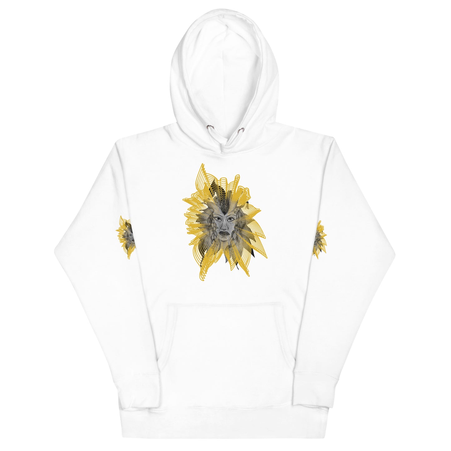 Front view of a white K.L.O.E. hoodie featuring a striking hand-drawn face design surrounded by radiant golden abstract patterns—an artistic and empowering piece of handcrafted fashion, blending bohemian style clothing with contemporary fashion for bold self-expression and individuality.