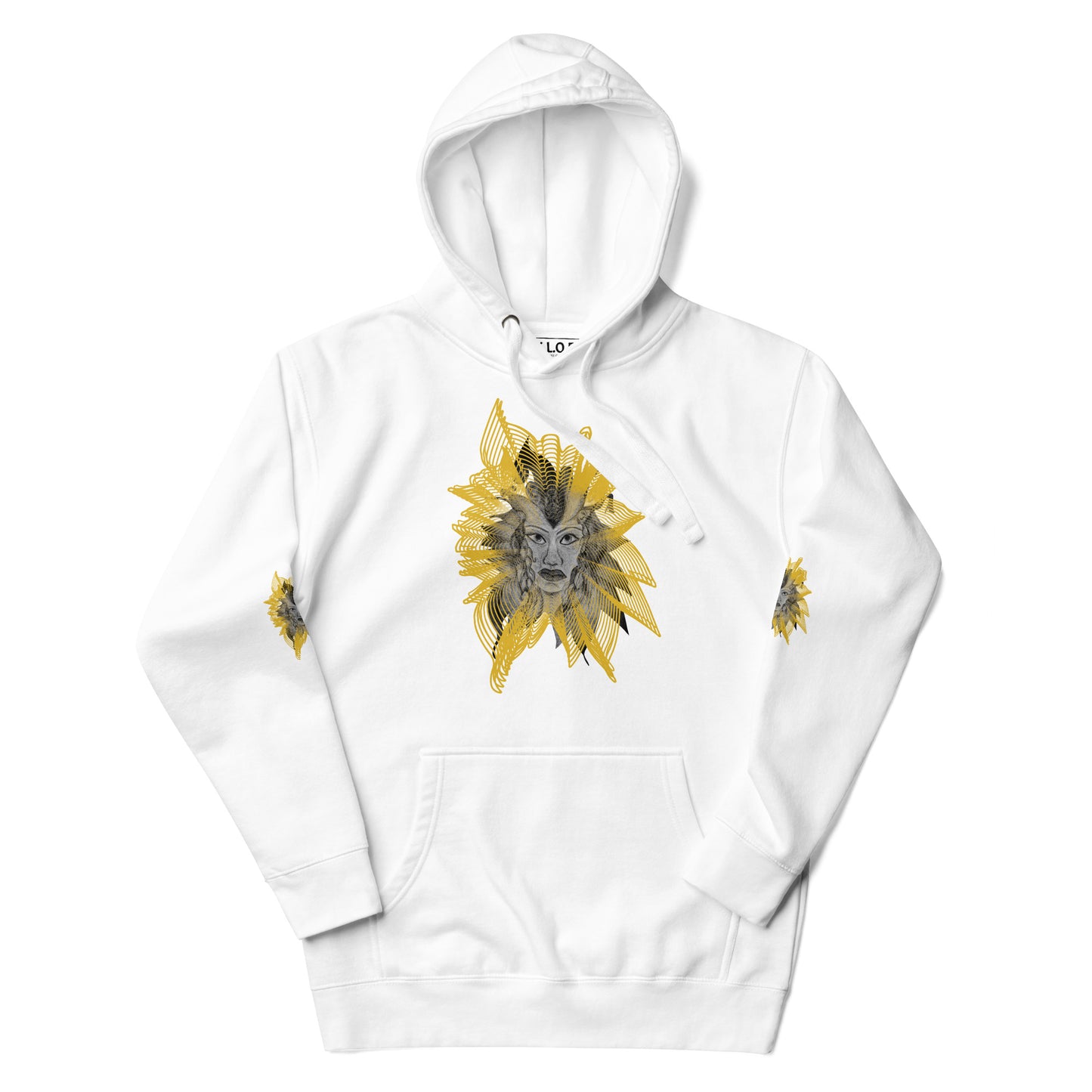 Front view of a white K.L.O.E. hoodie featuring a striking hand-drawn face design surrounded by radiant golden abstract patterns—an artistic and empowering piece of handcrafted fashion, blending bohemian style clothing with contemporary fashion for bold self-expression and individuality.