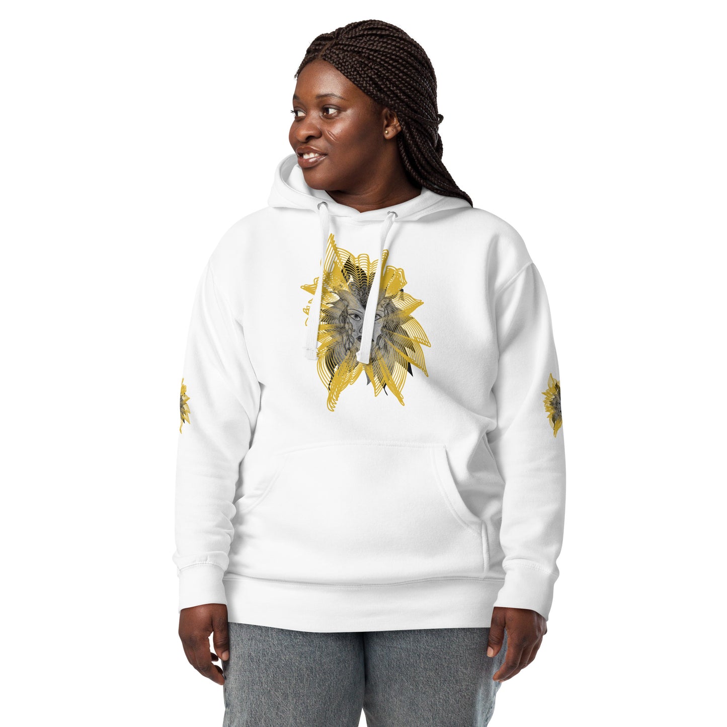 Front view of a white K.L.O.E. hoodie featuring a striking hand-drawn face design surrounded by radiant golden abstract patterns—an artistic and empowering piece of handcrafted fashion, blending bohemian style clothing with contemporary fashion for bold self-expression and individuality, on a model.