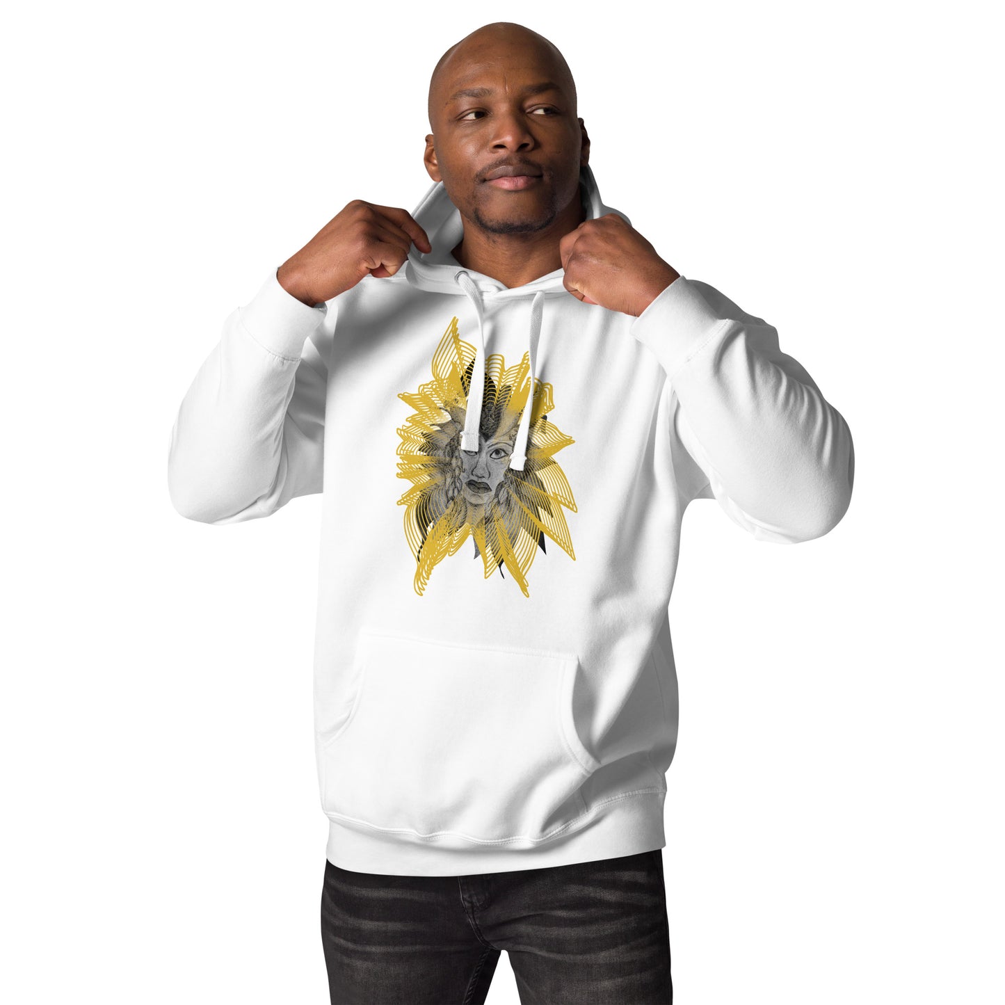 Front view of a white K.L.O.E. hoodie featuring a striking hand-drawn face design surrounded by radiant golden abstract patterns—an artistic and empowering piece of handcrafted fashion, blending bohemian style clothing with contemporary fashion for bold self-expression and individuality, on a model. 